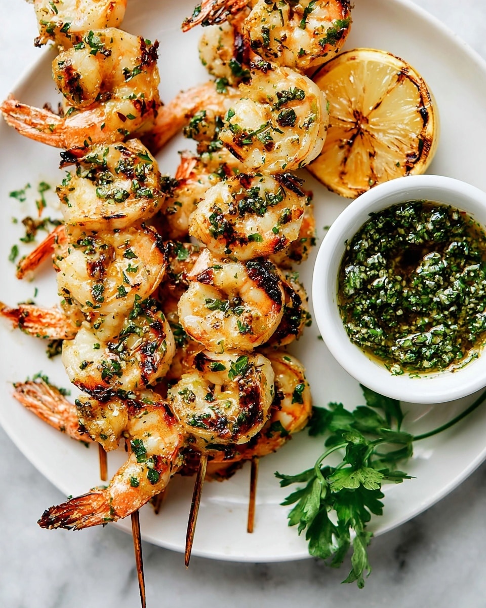 The image shows two skewers of grilled shrimp, each skewer holding about seven shrimp that are golden with visible dark grill marks and sprinkled with green chopped herbs and garlic. The shrimp are arranged on a simple white plate with a grilled lemon slice under the bottom skewer for garnish. To the right side of the plate is a small white bowl filled with green herb sauce containing chopped parsley or cilantro and bits of garlic. A bright fresh green parsley sprig rests near the bowl on the white marbled surface. The colors are warm and fresh, and the textures of the shrimp and sauce look vibrant and tasty. photo taken with an iphone --ar 4:5 --v 7