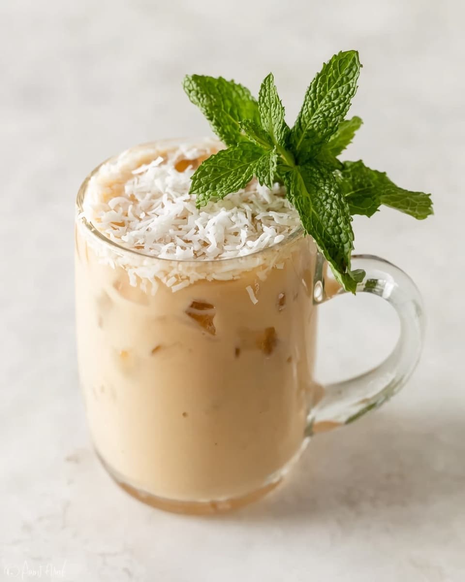 A clear glass mug with a handle is filled with a creamy light beige iced drink, visible ice cubes inside. On top, there is a layer of white shredded coconut flakes. A bright green fresh mint sprig with textured leaves sits on the edge of the mug, slightly leaning over the drink. The mug is placed on a white marbled surface with a soft light that highlights the drink’s smooth texture. photo taken with an iphone --ar 4:5 --v 7