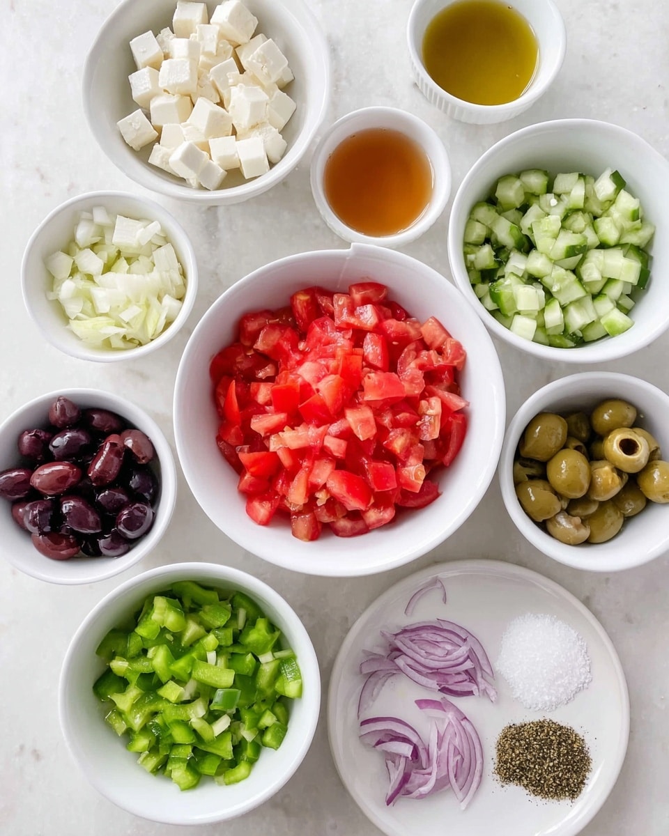 The image shows nine small white bowls placed on a white marbled surface, each holding different ingredients. In the center, a large bowl filled with bright red chopped tomatoes sits surrounded by smaller bowls: one with white cubed cheese, another with light green diced cucumber, one with thinly sliced purple onions, and one with green diced green peppers. There is also a bowl with dark Kalamata olives, a small bowl with minced garlic, and another with a light amber liquid, possibly vinegar. There is one white plate holding four small piles of spices in black, green, and beige tones, and white salt. The arrangement forms a neat, colorful display of fresh salad ingredients. Photo taken with an iphone --ar 4:5 --v 7
