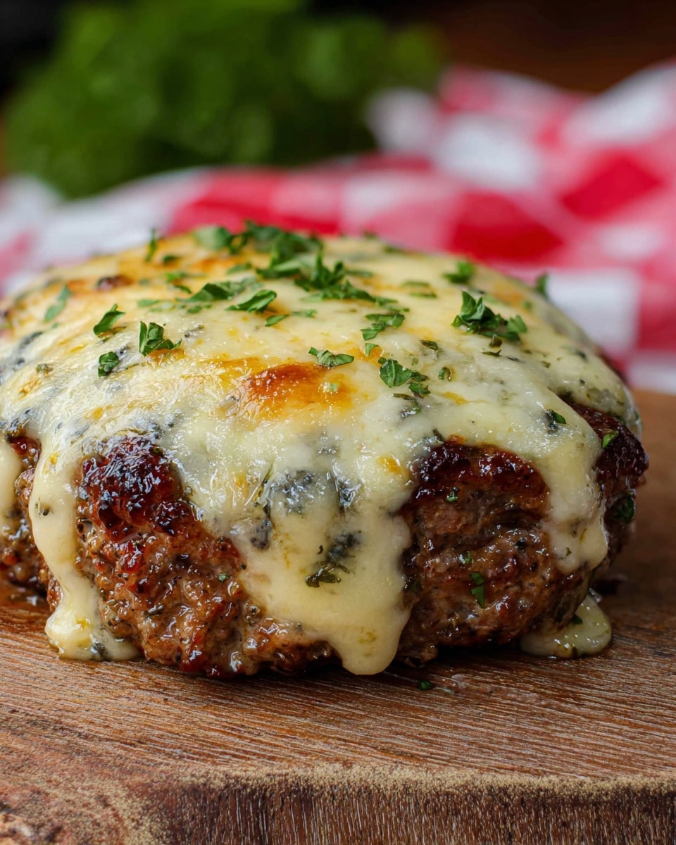 A thick, round, cooked meat patty sits on a wooden board with a slightly rough texture. On top of the patty, a layer of melted pale yellow cheese covers most of the surface, with browned spots and bubbles visible, and small green parsley bits sprinkled on top. The background shows a red and white checkered cloth and blurred greenery. The lighting highlights the texture of the meat and cheese, giving it a fresh, warm appearance. Photo taken with an iphone --ar 4:5 --v 7