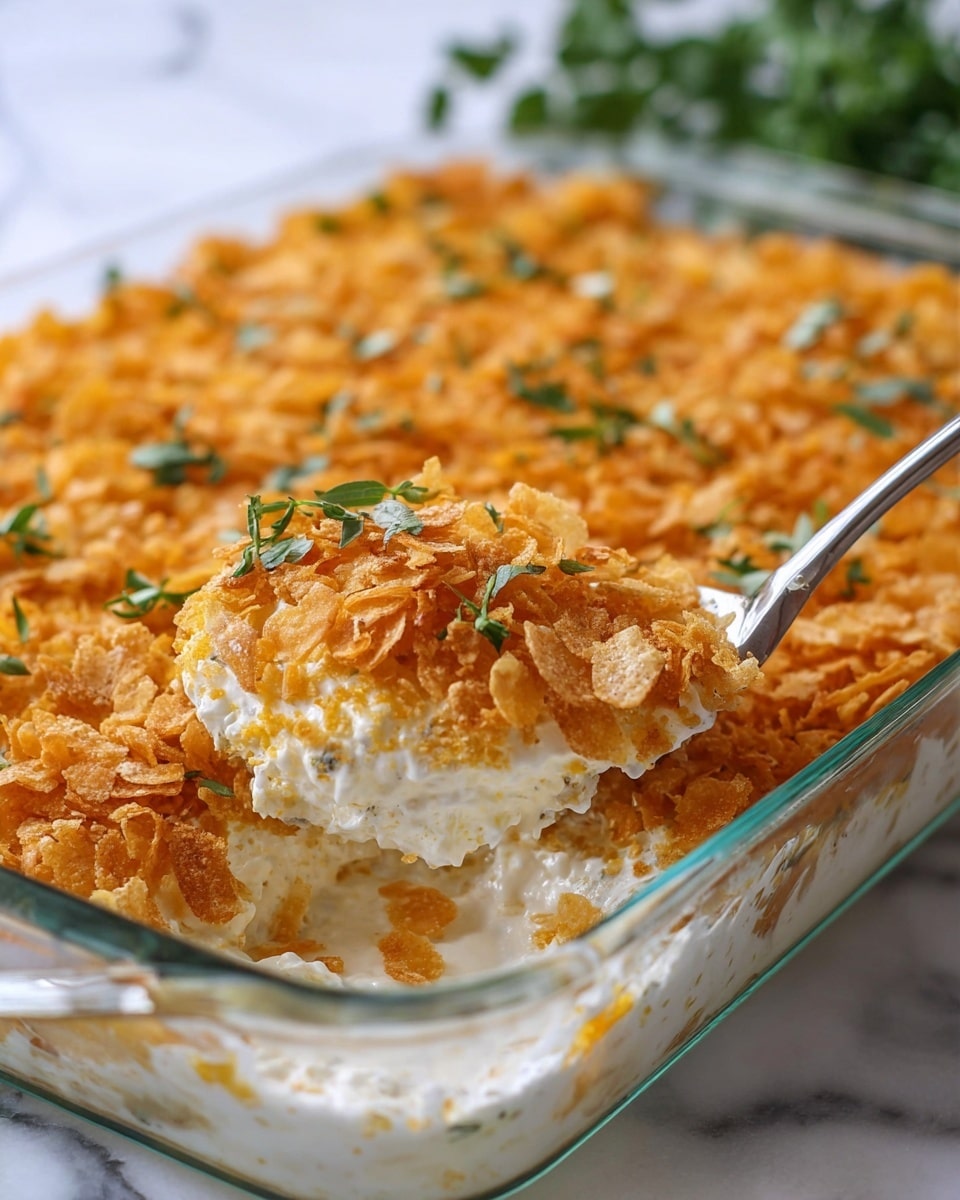 The image shows a glass rectangular dish filled with a baked casserole that has three layers. The bottom layer is creamy and white, likely made of diced ingredients mixed in a light sauce. The middle layer appears to be melted cheese or a creamy sauce blending with the base. The top layer is a crispy, golden-brown topping made of crushed flakes, sprinkled with small chopped green herbs for color. Next to the dish, there is a white plate with a serving of the casserole placed on a stack of two other white plates, with a silver fork resting on the plate. The dish and plate sit on a white marbled surface with some green leafy herbs in the background. A silver serving spoon is inside the glass dish near the missing portion. Photo taken with an iphone --ar 4:5 --v 7