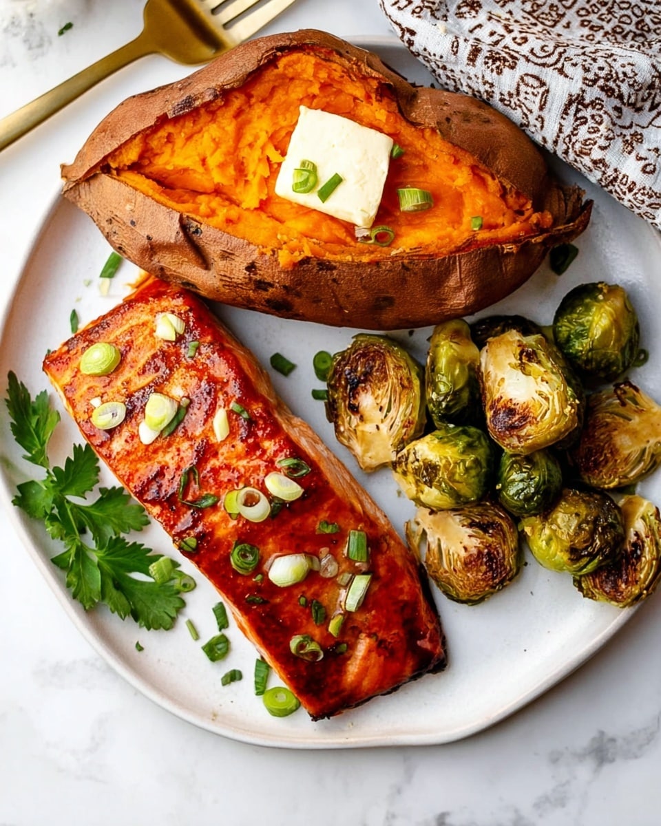 On a white plate with a white marbled background, there is a meal with three parts: at the top, a baked sweet potato is open showing its bright orange inside with a melting square of butter on top; on the left side, a grilled salmon fillet with a shiny, deep orange glaze and small green onion pieces scattered over it, next to a few sprigs of fresh parsley; on the right side, a small pile of roasted Brussels sprouts with golden-brown charred edges; a gold fork is placed at the bottom left corner, and a patterned cloth is partially visible at the top right corner. photo taken with an iphone --ar 4:5 --v 7