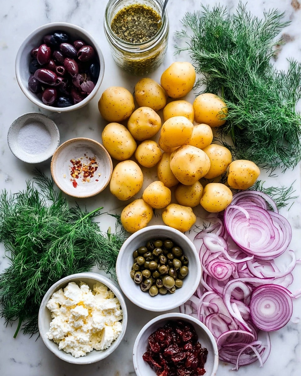 The image shows a white marbled surface covered with small yellow potatoes spread out in the center and around the edges. On the right side, thin slices of red onion are layered next to fresh green dill sprigs. There are five white bowls placed around the potatoes: one at the top holding dark purple olives, one near the bottom left filled with white crumbled cheese, one next to it contains dark green capers, another below it with dried red tomatoes, and a small white bowl with salt near the top left. In the top center, there is a glass jar with herb seasoning mixed in oil. The whole setup looks fresh and colorful. Photo taken with an iphone --ar 4:5 --v 7