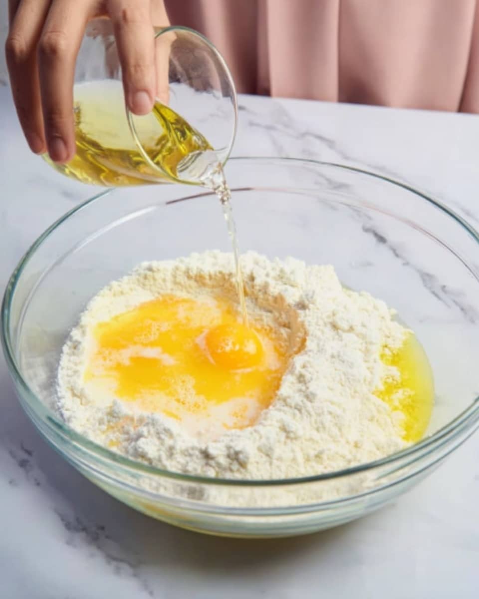 A clear glass bowl on a white marbled surface holds a mix of three egg yolks and white flour, creating a rough, powdery mound in the center with some yellow egg yolk showing through. A woman's hand is pouring a clear liquid, likely oil, into the bowl, adding a shiny, smooth texture to one side of the mix. The scene shows the start of mixing ingredients, with soft pastel colors from the woman's light pink sleeve visible in the background. photo taken with an iphone --ar 4:5 --v 7