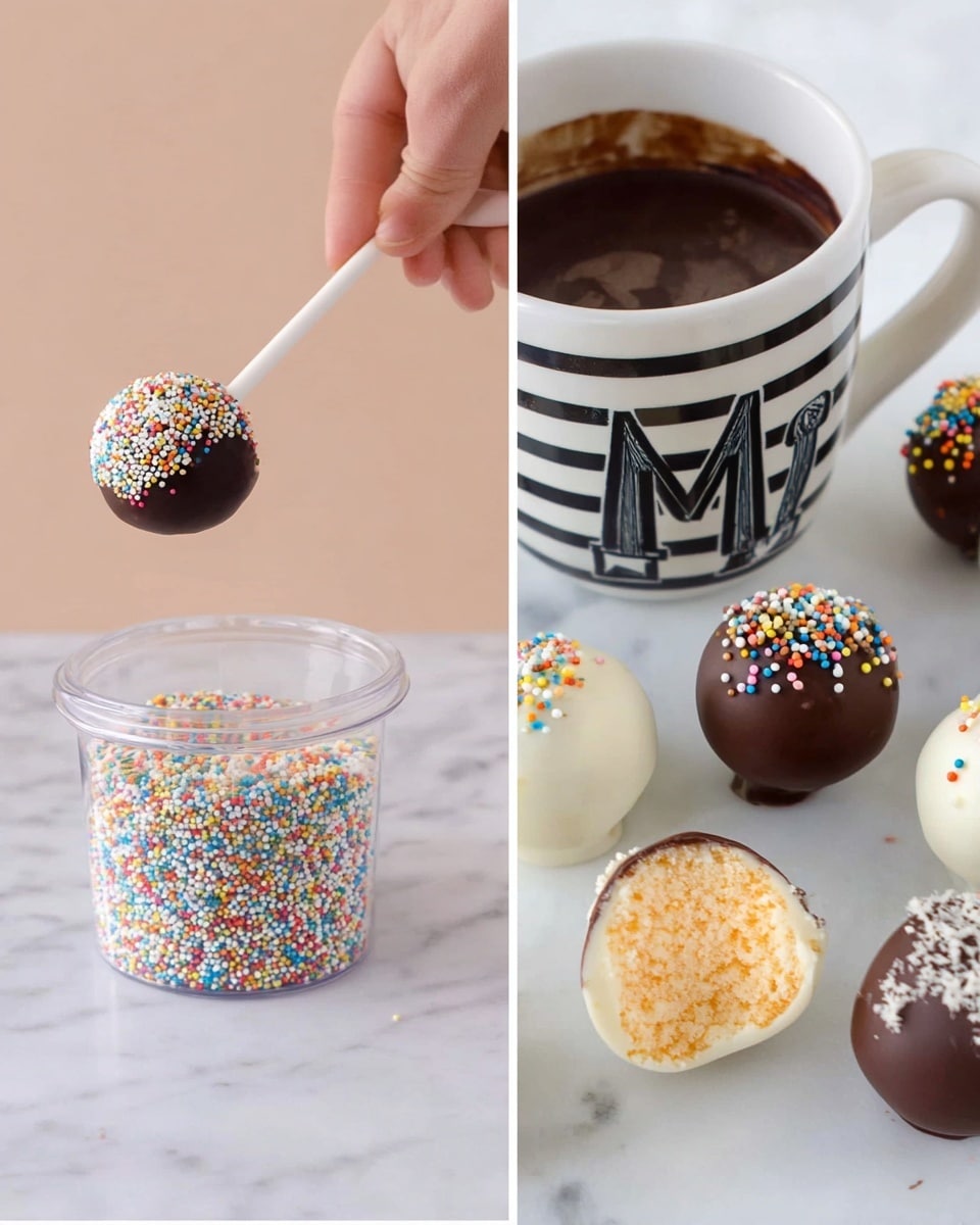The image shows two parts: on the left, a woman's hand holding a white lollipop stick with a round cake pop dipped in dark chocolate, about to be rolled into a clear container filled with colorful small round sprinkles, sitting on a white marbled surface; next to it is a white mug with black diagonal stripes and the letter