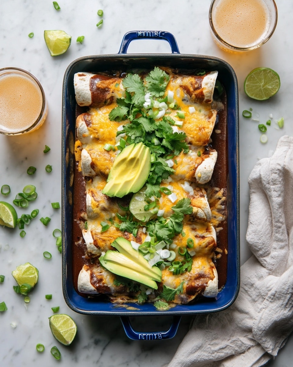 A white baking dish is filled with four rolled enchiladas tightly placed side by side, covered in dark red sauce at the bottom. The enchiladas are topped with a melted layer of mixed yellow and white cheese, with some browned spots. Two halved avocados, sliced thinly and fanned out, rest on the top layer of cheese, sprinkled with fresh green cilantro leaves and thinly sliced green onions. Two lime wedges are placed on either side of the dish, adding a fresh green color contrast. The dish is sitting on a white marbled surface with a beige cloth on the right side. Photo taken with an iphone --ar 4:5 --v 7
