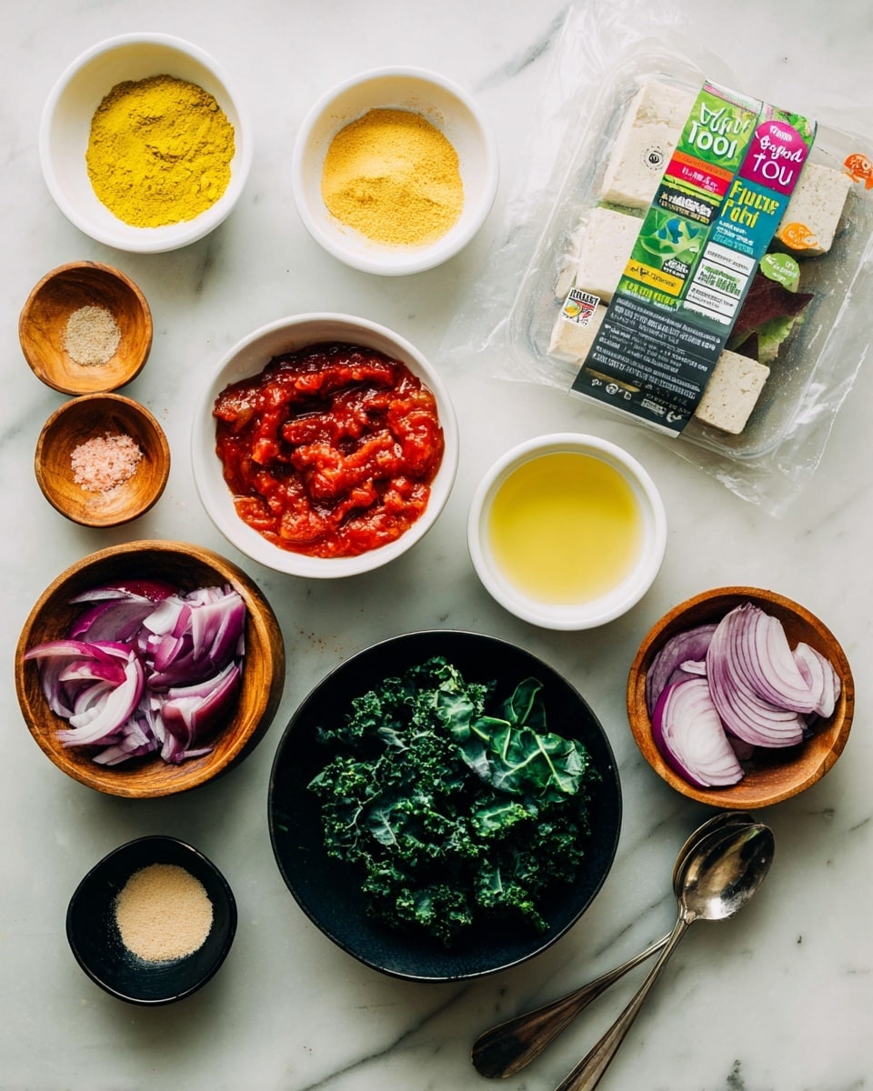 The image shows a flat lay of cooking ingredients arranged on a white marbled surface. In the center is a clear plastic package of organic firm tofu with a colorful label. Around it are seven white bowls of different sizes: the top left bowl holds a yellow powder, the top right bowl contains a bright red sauce with chunky texture, the middle right bowl has a clear light golden liquid, the bottom right bowl is filled with dark green chopped kale, and the bottom left bowl contains sliced red onions. There are also three small wooden bowls with different spices—one with a reddish powder, one with coarse salt and pink salt, and one with a pale tan powder. A small black bowl with a beige powder and two silver spoons appear at the bottom left. The ingredients are neatly spaced and well lit. Photo taken with an iphone --ar 4:5 --v 7