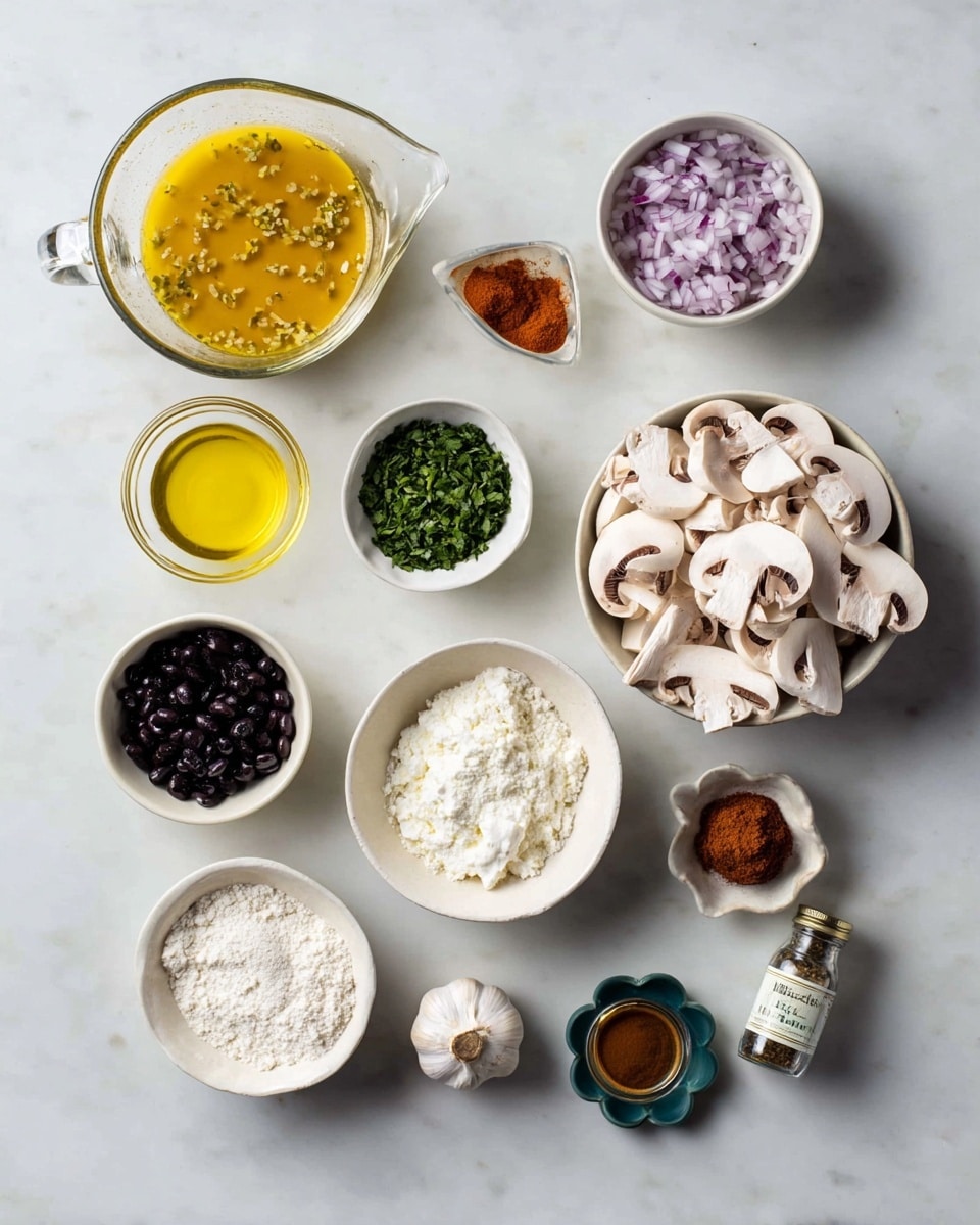 The image shows ingredients neatly placed on a white marbled surface. There is a clear glass jug on the left filled with a yellow broth containing small flecks, next to a small glass bowl with golden olive oil. A small white bowl with finely chopped purple onions is at the top right, and below it is a small white bowl filled with chopped green herbs. To the right is a large white bowl filled with sliced white mushrooms showing their soft texture. Below the mushrooms is a tiny white bowl holding a small clove of garlic. In the bottom left corner, there is a small white bowl with dark black beans, next to it a small white bowl containing smooth white yogurt. Above these is a small white bowl with a pile of white flour, and next to that are two spice jars—one with reddish powder and the other with green dried herbs. Near the bottom right is a tiny white bowl with thick dark sauce, and beside it a tiny flower-shaped white bowl holding pale yellow mustard. All the ingredients are arranged carefully against the clean white marbled background. photo taken with an iphone --ar 4:5 --v 7