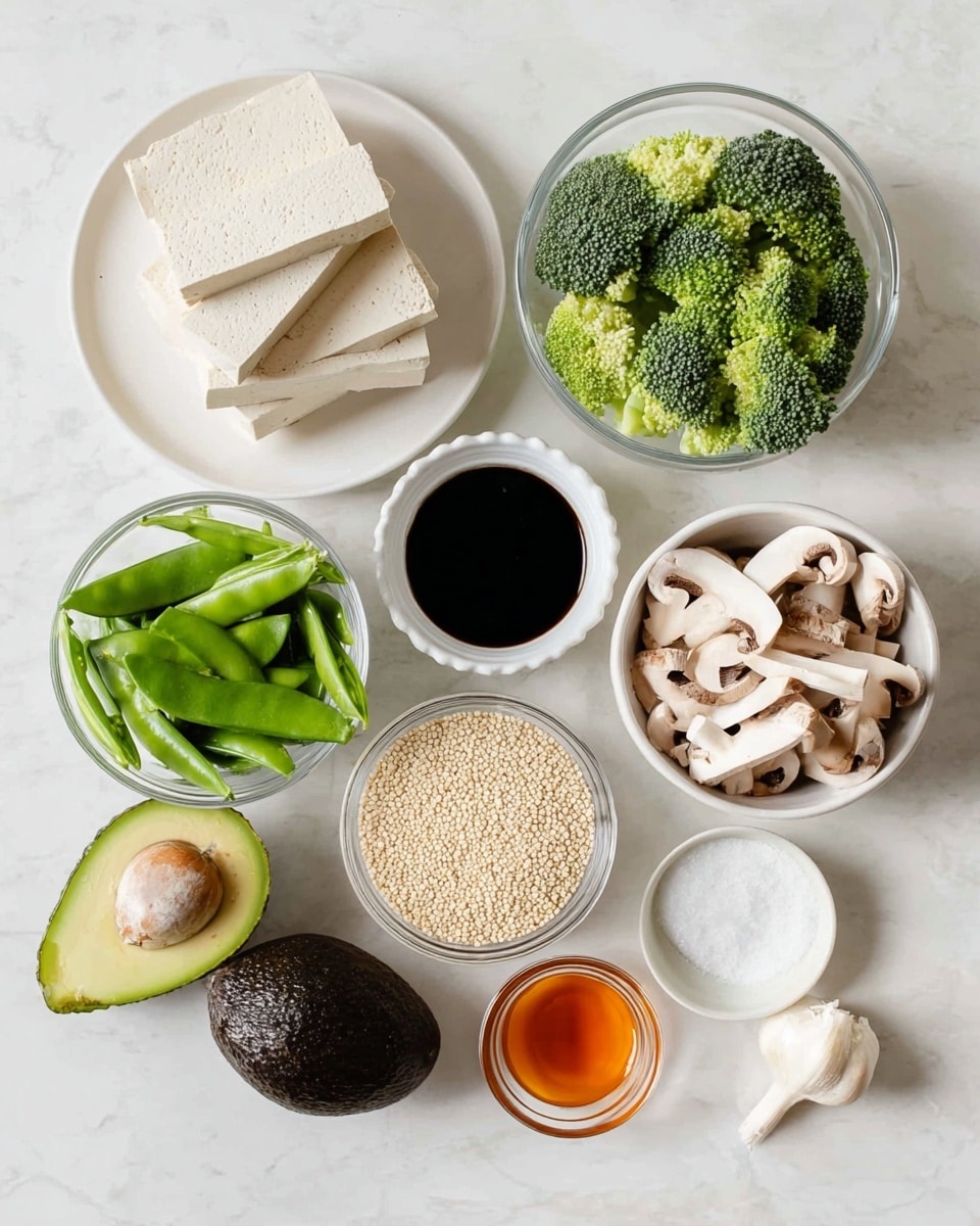The image shows several white bowls and clear glass bowls arranged on a white marbled surface. In the back left, there are light beige tofu slices stacked on a white plate. Next to it on the right is a clear bowl filled with bright green broccoli florets. To the right of the broccoli, there is a white bowl full of sliced white mushrooms. In the lower left, there is a white ramekin with green snap peas, with a whole dark green avocado next to it. In the center front, a clear bowl holds pale beige quinoa seeds. Below and slightly to the left, a white ramekin contains dark soy sauce. Next to the soy sauce, a small clear bowl has light brown honey or syrup. To the far right, a small white plate has white powder (likely salt or starch), and next to it are some green scallions. A single clove of garlic lies in front near the soy sauce. The whole setup is neat and colorful on the smooth white marbled background, making the fresh vegetables and ingredients stand out photo taken with an iphone --ar 4:5 --v 7