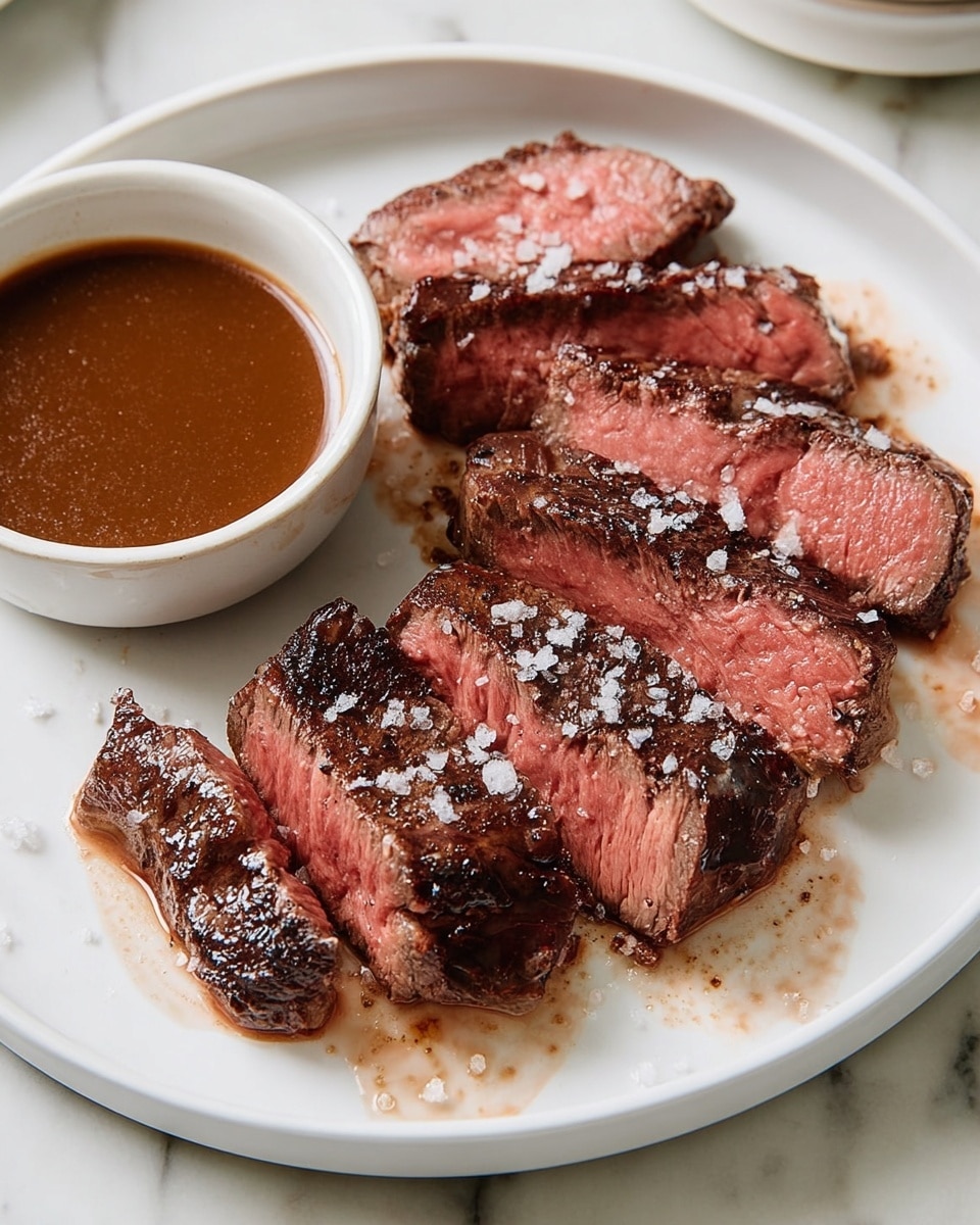 A white plate on a white marbled surface holds five slices of medium-rare steak, each with a dark brown crust and a pink center sprinkled with coarse salt crystals. To the left side of the steak slices, there is a small white bowl filled with smooth brown sauce. The texture of the steak looks tender with slight juiciness, and the bowl of sauce adds a rich contrast in color. Photo taken with an iphone --ar 4:5 --v 7