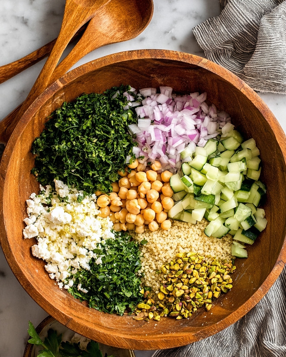 A large wooden bowl sits on a white marbled surface with separate layers of fresh ingredients arranged neatly inside. Starting from the top center and moving clockwise, there is a dark green pile of finely chopped herbs, bright green diced cucumber pieces, a heap of finely diced light purple onion, and small, light brown chickpeas in the center. Next, there is a small pile of finely chopped deep green parsley, followed by crumbled white cheese in the bottom left. Above the cheese is a layer of light-colored grain, likely quinoa, and in the middle between the onion and grain are crushed pistachios. Two wooden spoons and a gray striped cloth napkin are placed next to the bowl. Photo taken with an iphone --ar 4:5 --v 7