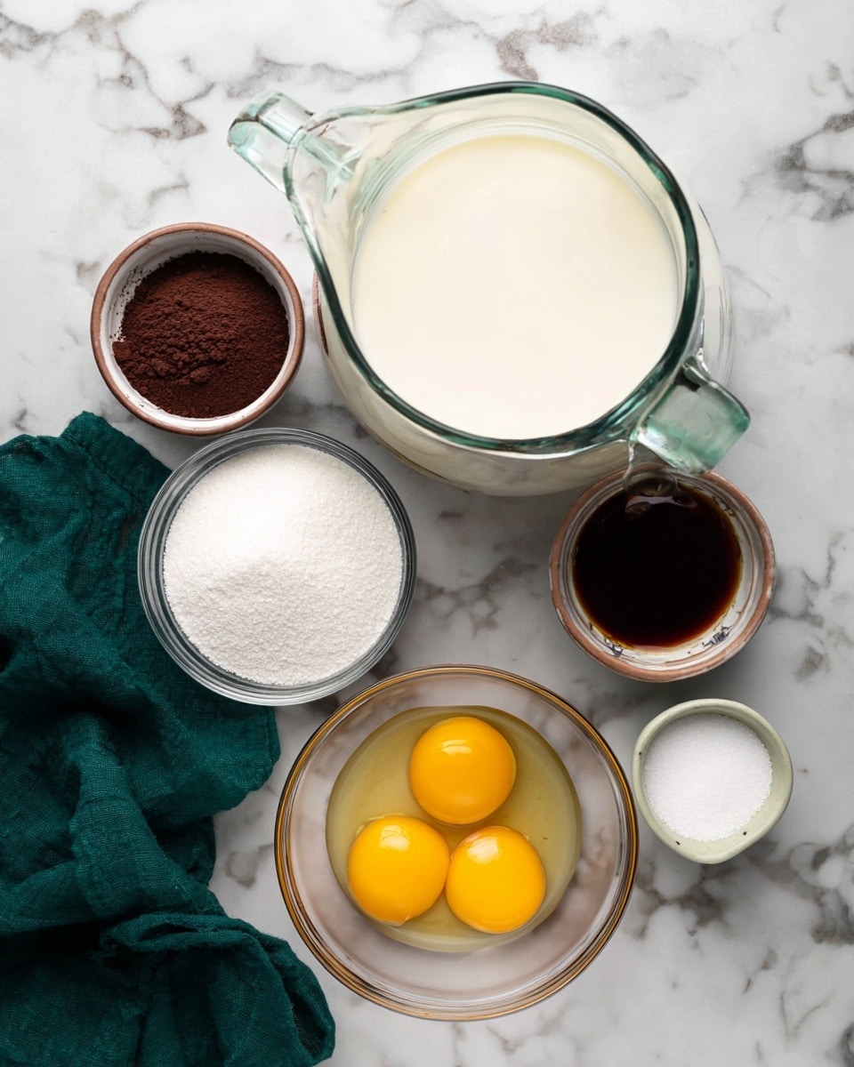 The image shows six clear glass bowls with ingredients placed on a white marbled texture. At the center bottom is a bowl with two bright yellow egg yolks. Above that, a large measuring jug is filled with white milk. To the left is a bowl of white granulated sugar and a small bowl with dark brown coffee or cocoa powder. At the top right, a tiny bowl holds dark brown vanilla extract, and next to it is a small bowl with white salt. A dark green cloth is placed on the left side near the ingredients. Photo taken with an iphone --ar 4:5 --v 7