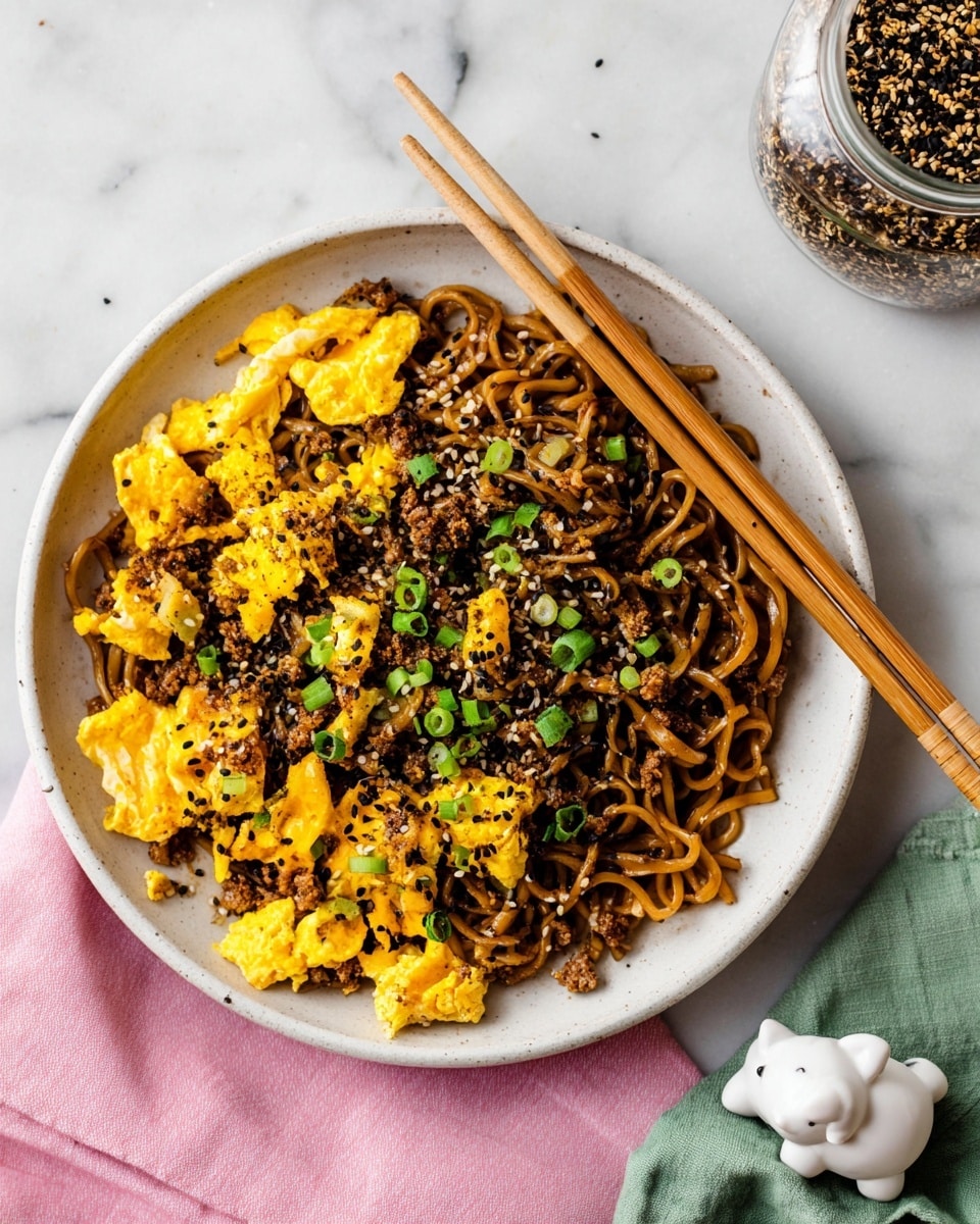 A close-up view of a white bowl filled with three layers: the bottom layer of curly, light brown noodles, the middle layer of soft, bright yellow scrambled eggs scattered evenly, and the top layer of small green onion pieces and black sesame seeds sprinkled over everything. A pair of wooden chopsticks is shown holding a small bunch of noodles just above the bowl. The bowl rests on a white marbled surface. photo taken with an iphone --ar 4:5 --v 7