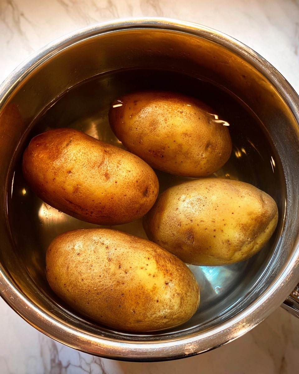 A shiny metal pot filled with clear water holds four large brown potatoes with rough skins, all fully submerged and resting at the bottom. The pot's reflective surface shows soft light and shadows, with a white marbled background visible underneath. The image focuses closely on the pot and potatoes, showing detailed textures on both the metal and the potato skins. photo taken with an iphone --ar 4:5 --v 7