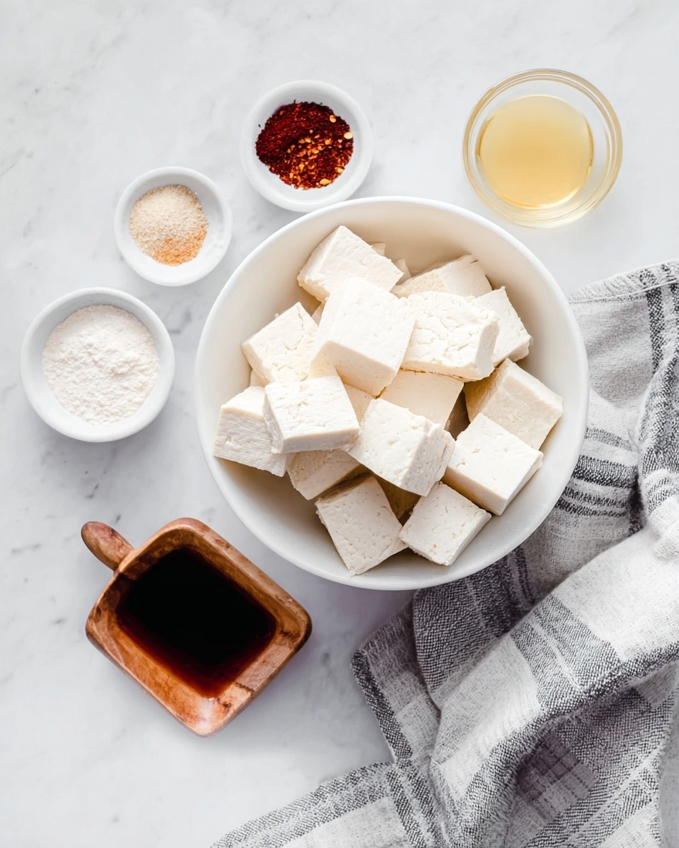 This image shows a white bowl filled with big, neat white cubes of tofu in the center on a white marbled surface. Around the bowl, there are five small white dishes with different ingredients: some red, white, and beige spices mixed together in one, white powder in another, a light yellow liquid in a third, a dark brown sauce in a wooden dish, and a gray and white checkered cloth lies folded next to the bowl. The scene is bright and clean with a soft natural light, photo taken with an iphone --ar 4:5 --v 7