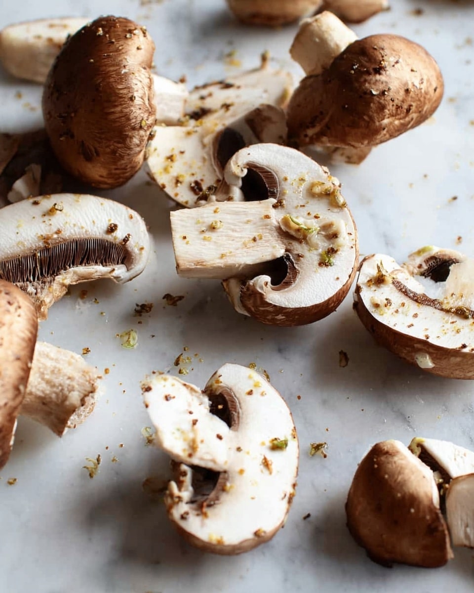 Several brown mushrooms, some whole and some sliced in halves and quarters, are spread out on a white marbled surface. The mushrooms show a mix of smooth, light brown outer skin and white inner flesh with dark gills. Small bits of seasoning are sprinkled lightly over the mushrooms, adding specks of green and yellow. The mushrooms are arranged loosely and naturally, with soft light highlighting their texture and color. Photo taken with an iphone --ar 4:5 --v 7