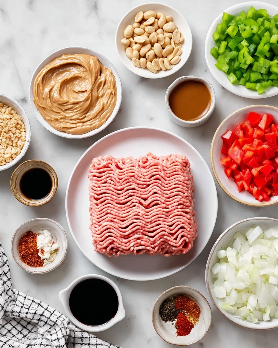 A white plate in the center holds a block of light pink ground meat with a wavy texture arranged in neat rows. Surrounding it are multiple small white bowls and dishes on a white marbled surface, each holding different ingredients: one has creamy tan peanut butter swirled smoothly, another holds pale chopped garlic, a bowl with roasted peanuts in light brown color, a dark brown sauce in a small cup, a dish divided between chopped green bell peppers and diced red tomatoes, a bowl filled with diced white onions, and several small bowls containing black soy sauce, reddish spices, dark brown sauce, translucent peeled garlic cloves, and light brown liquid, with a white and black checked cloth partially visible at the edge. The photo taken with an iphone --ar 4:5 --v 7