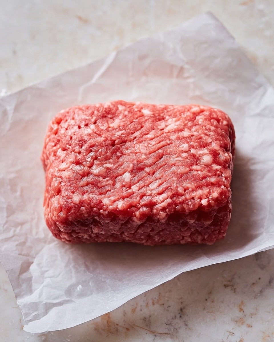 A single block of raw ground meat sits on a piece of white parchment paper that is laid over a white marbled surface. The meat block is rectangular with rounded edges and has a textured surface showing small bits of fat mixed evenly throughout the pinkish-red meat. The meat’s texture looks soft and slightly coarse with visible small indentations and creases on top. The parchment paper underneath is slightly crinkled, adding a subtle contrast to the smooth marbled background. photo taken with an iphone --ar 4:5 --v 7