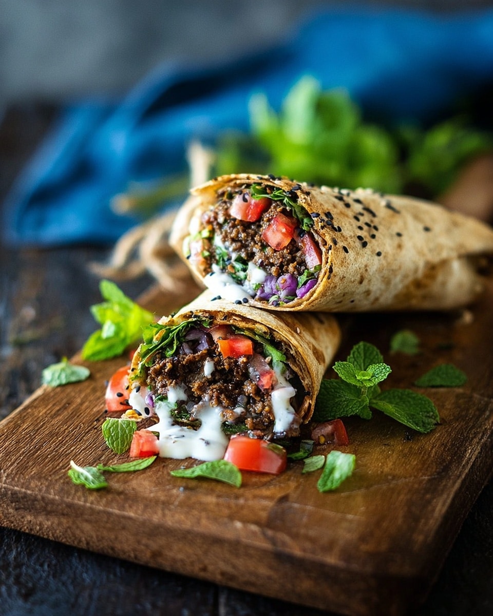 Two wraps are shown on a wooden board. Each wrap is folded in a light brown, slightly toasted flatbread shell. Inside, there are three main layers: at the bottom is a layer of cooked ground meat, followed by white sauce in the middle, and topped with fresh pieces of red tomato, purple onion slices, and green parsley leaves. Fresh green herbs are scattered around the board, with a white bowl of white sauce slightly visible in the background on a white marbled surface. photo taken with an iphone --ar 4:5 --v 7