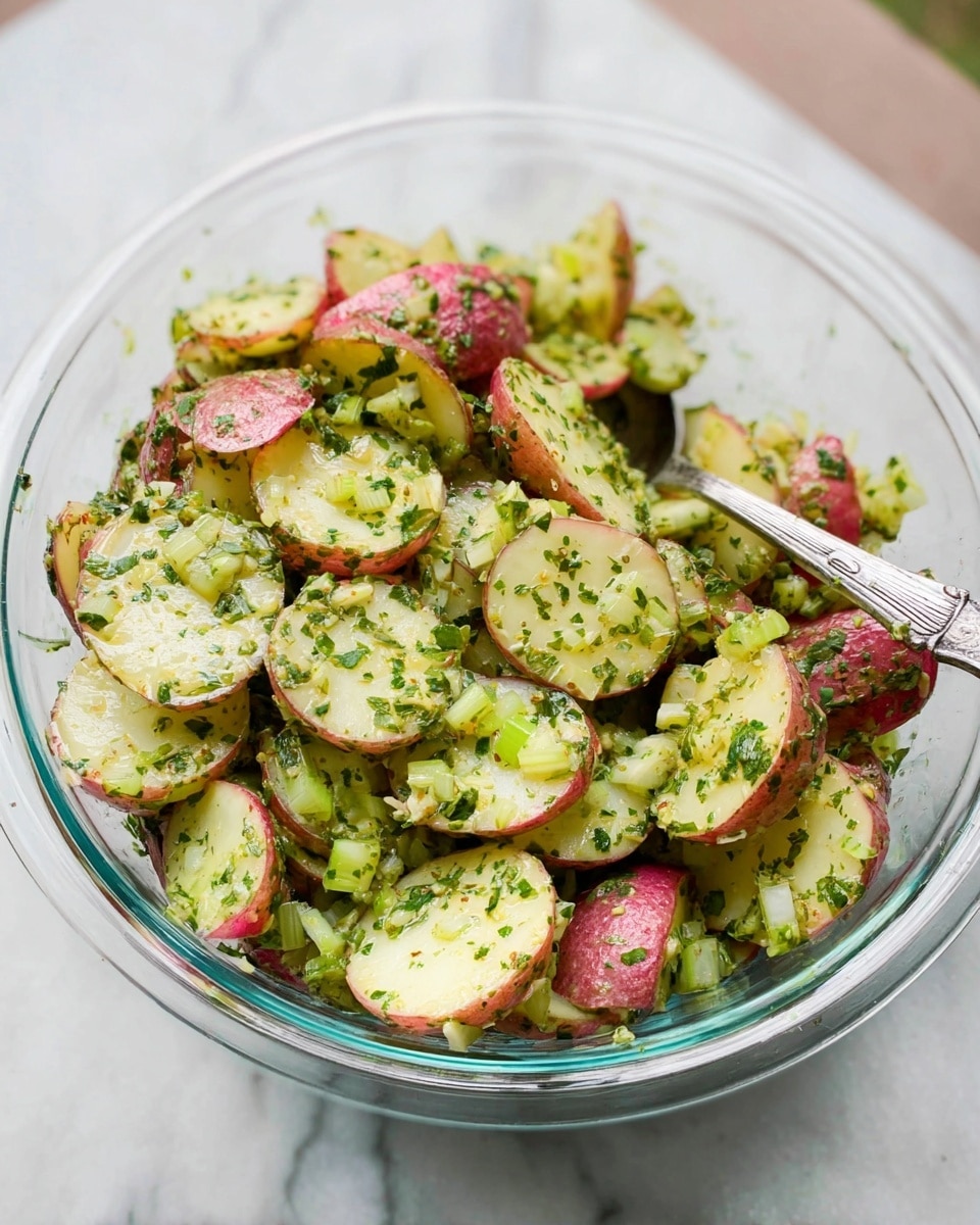 A clear glass bowl with thin slices of red-skinned potatoes mixed with small light green celery pieces and sprinkled with chopped dark green herbs, all coated evenly in a light yellow-green dressing, set on a white marbled surface with a silver spoon inside the bowl. photo taken with an iphone --ar 4:5 --v 7
