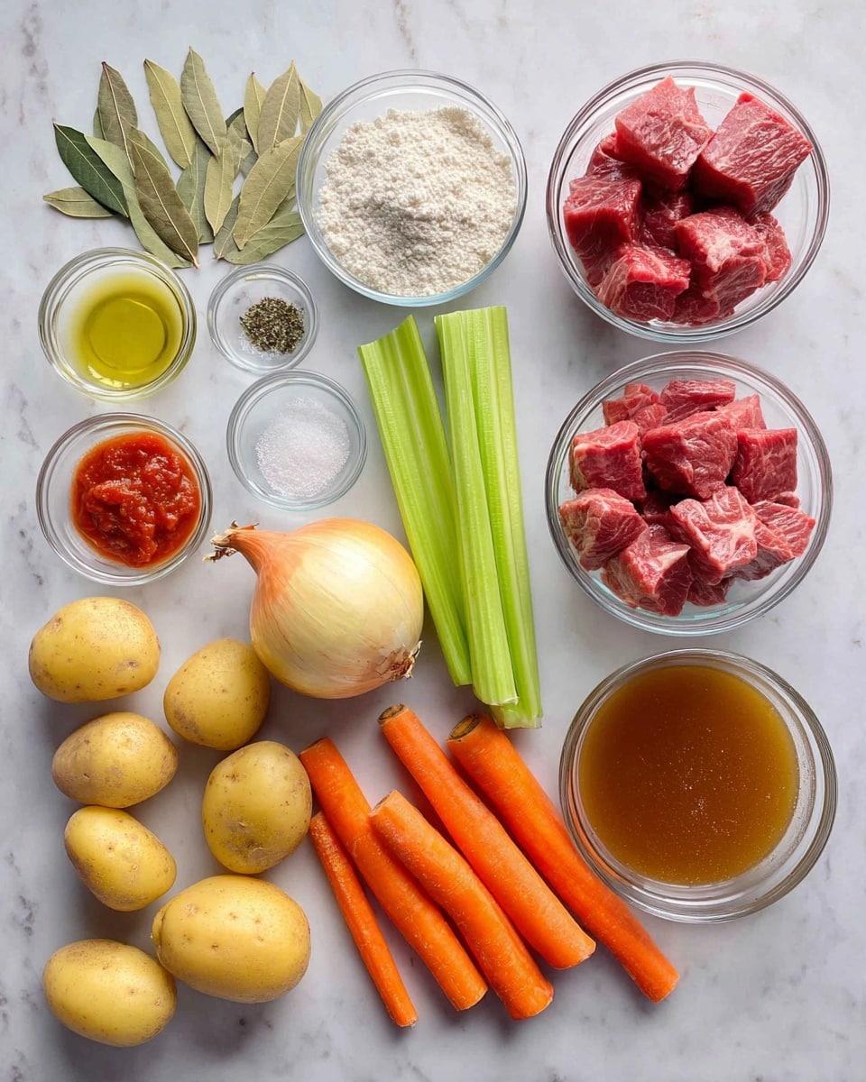 The image shows fresh, raw ingredients neatly arranged on a white marbled surface. There are five yellow potatoes at the bottom left, three green celery stalks in the center, and six orange carrots lying horizontally near the bottom right. Above the carrots, there is a whole yellow onion with three cloves of garlic placed beside it. To the right, two clear glass bowls hold cubed raw red meat and a brown liquid broth. A small clear bowl with white flour is next to the broth, and another small bowl contains red tomato paste. On the upper left side, a small bowl has dried herbs, and next to it are two fresh bay leaves. Below that are two small bowls with olive oil and salt with pepper. The scene is well lit, clear, and organized. Photo taken with an iphone --ar 4:5 --v 7