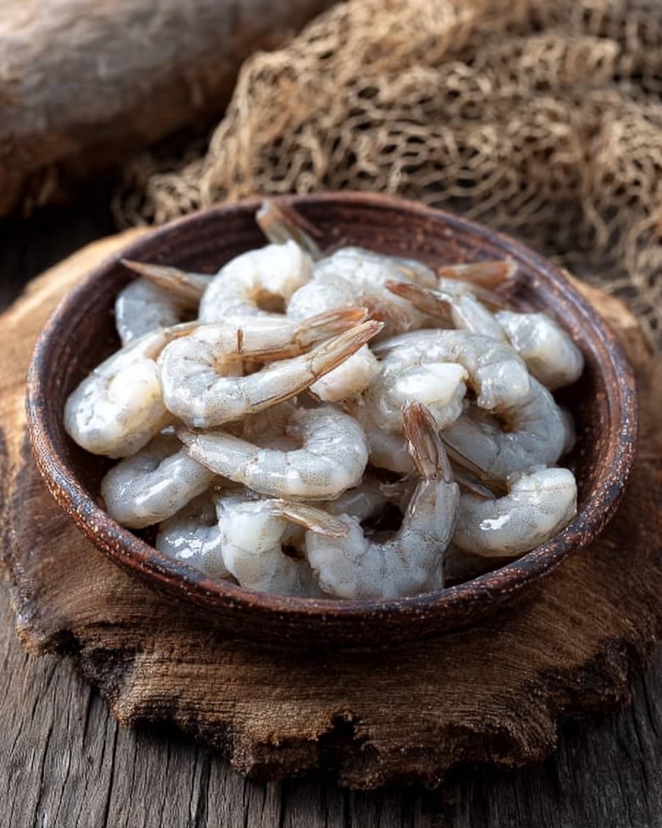 A round brown ceramic bowl filled with raw, peeled shrimp with tails on. The shrimp are pale gray-white with a slight translucent look and arranged loosely inside the bowl. The bowl sits on a rough wooden surface with some nets and a log in the background. Photo taken with an iphone --ar 4:5 --v 7