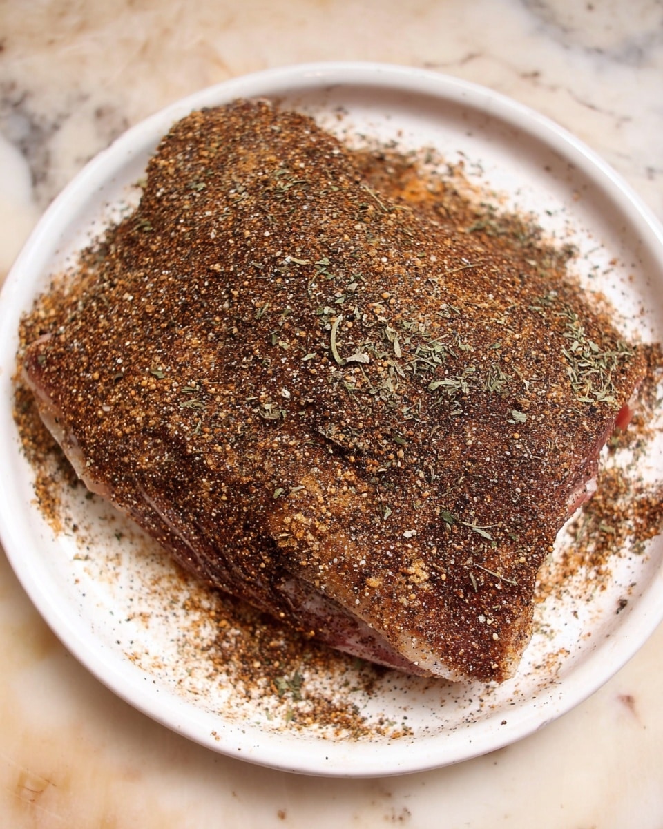 A large piece of raw meat covered in a thick layer of brown spices and herbs sits on a white plate. The spice layer shows a mix of dark brown, light brown, and specks of green from the herbs. The meat underneath peeks through slightly at the edges. The plate rests on a white marbled surface, and the overall look is rustic and natural. photo taken with an iphone --ar 4:5 --v 7
