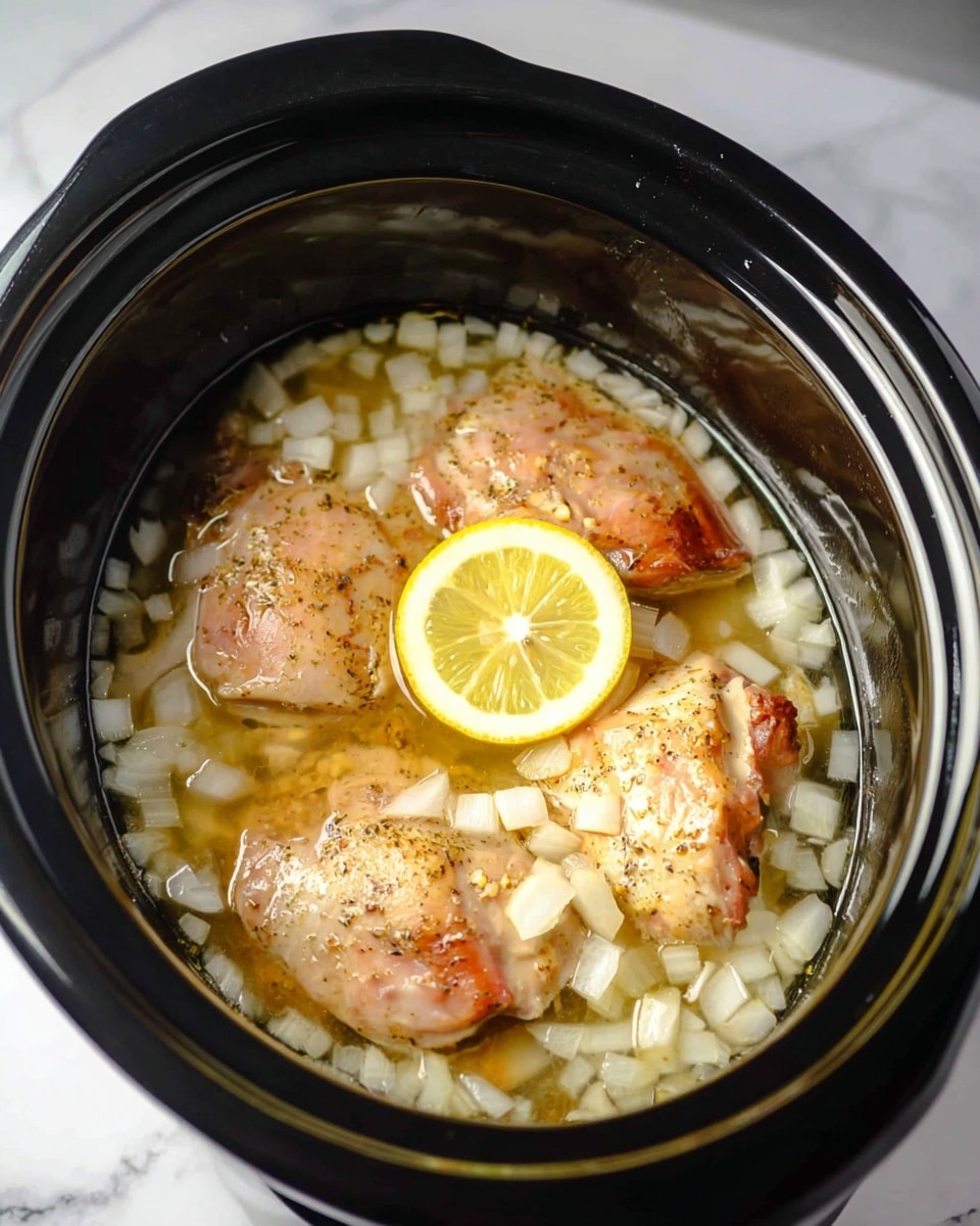 Inside a black slow cooker, there are three large cooked chicken pieces that are light golden brown with some white spots. The chicken is placed in a clear broth with many small white onion pieces spread all around. In the middle of the dish, there is a bright yellow slice of lemon floating on top of the broth. The inside of the slow cooker has a shiny, smooth surface that contrasts with the softness of the chicken and onions. The background shows a white marbled texture underneath the cooker. Photo taken with an iphone --ar 4:5 --v 7