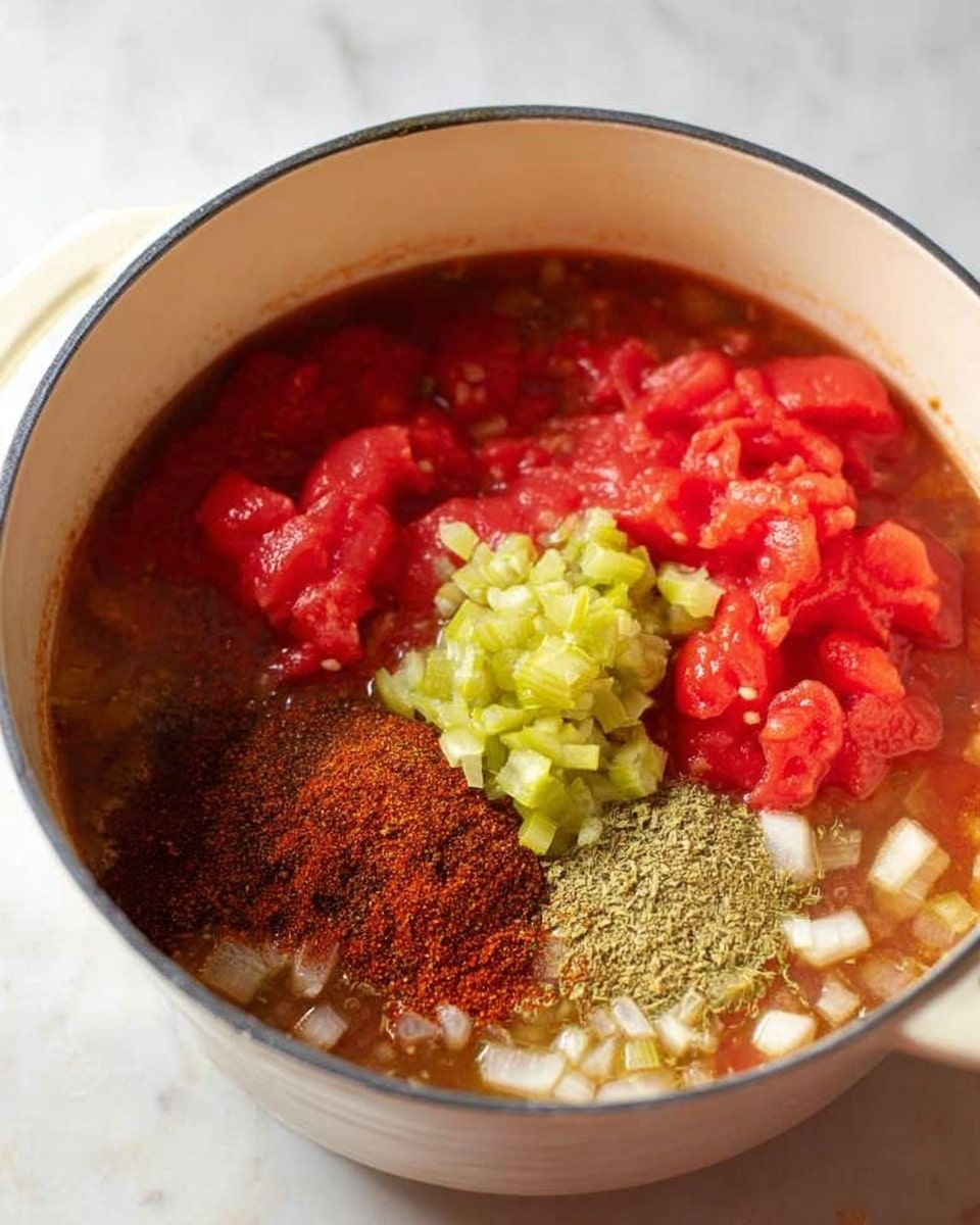 A white pot filled with a mixture of ingredients ready to be cooked, showing four main layers from top to bottom: bright red chopped tomatoes with a chunky texture on the top right, a clump of finely chopped green pickles near the center, a pile of dark red and brown powdered spices including chili powder and cumin just below the green pickles, and a clear broth with small bits of white onion scattered throughout at the bottom. The pot rests on a white marbled surface. photo taken with an iphone --ar 4:5 --v 7