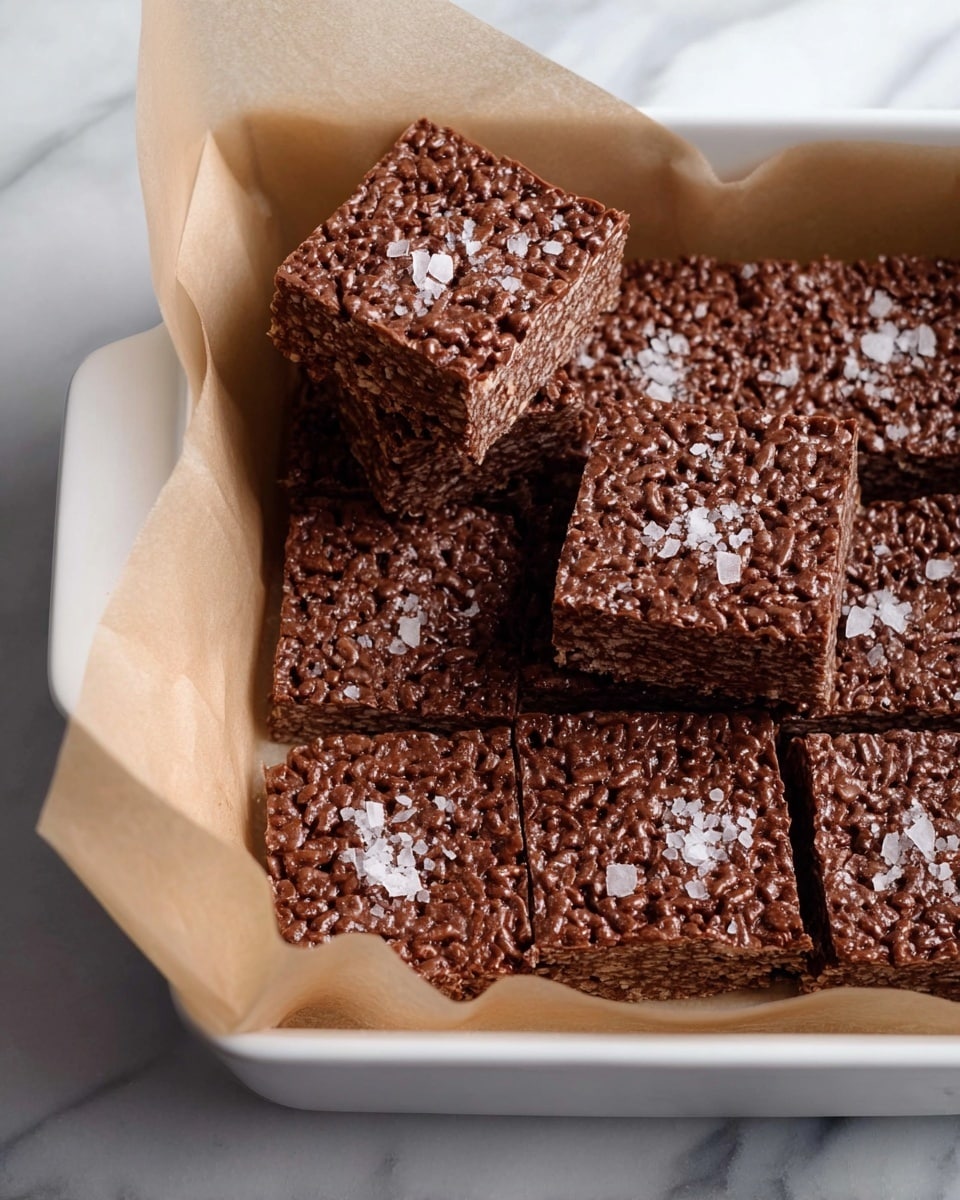The image shows several square chocolate rice crispy treats topped with small flakes of sea salt. Each treat has a rich, dark brown color with a crunchy texture visible from the puffed rice pieces. One square is placed alone on a simple white plate in the lower left corner, next to a knife with a light green handle. The other squares are arranged loosely on crumpled light brown parchment paper, all against a white marbled surface. The treats look thick and evenly shaped, with a glossy chocolate coating. photo taken with an iphone --ar 4:5 --v 7