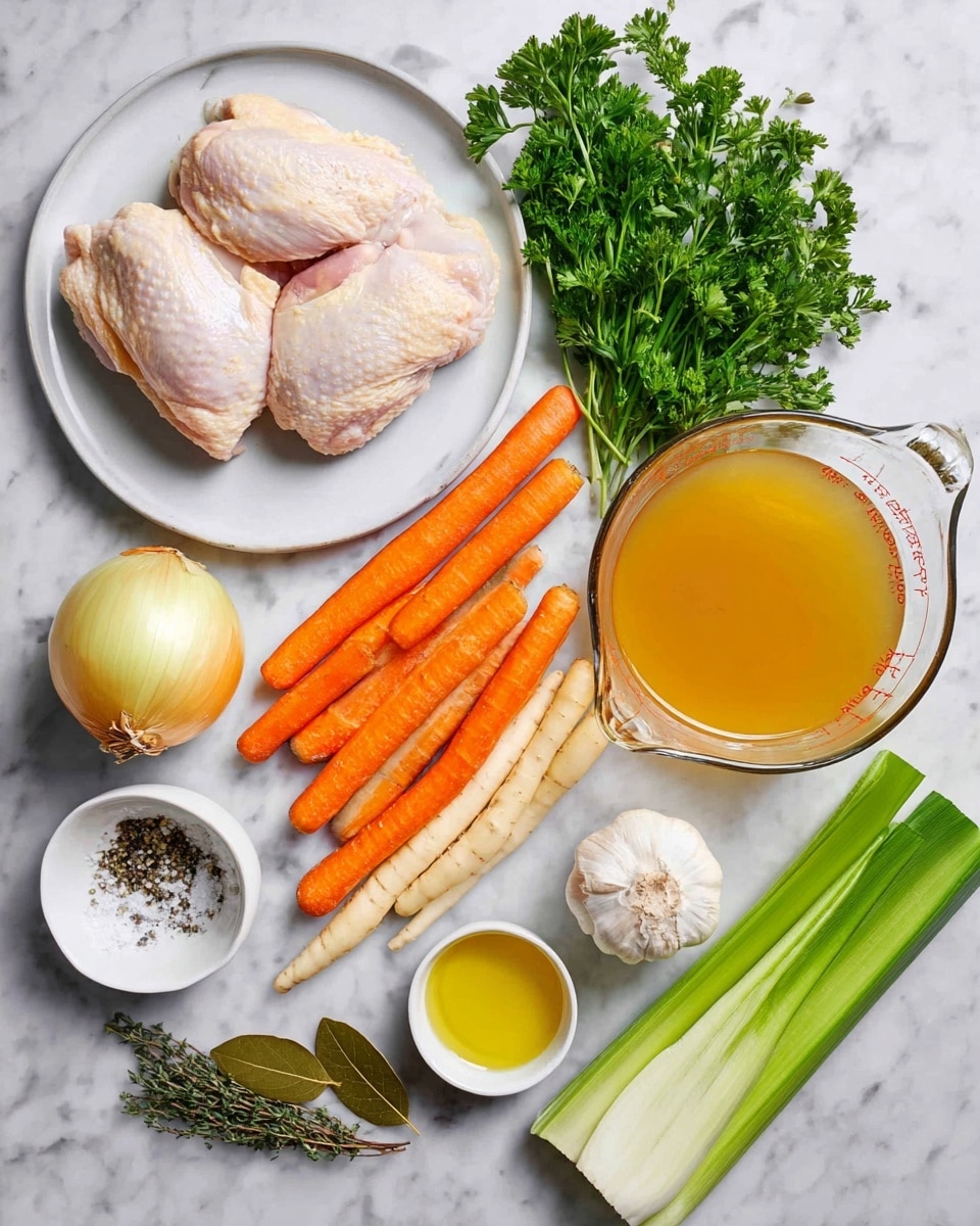 The image shows a white marbled surface with various raw ingredients neatly arranged. There are two pieces of raw chicken placed on a white round plate at the top left. Below and around the plate, fresh green parsley, four bright orange carrots, and three pale beige parsnips are laid out in parallel. To the right of the vegetables, a clear glass measuring cup filled with golden yellow broth is positioned next to a whole yellow onion. Near the bottom left, there is a bulb of garlic, a sprig of fresh thyme, and a small white bowl holding a single bay leaf. On the bottom right, there are fresh green celery stalks, a leek with dark and light green layers, and a small white bowl with salt and black pepper. Finally, a small white bowl with a yellow liquid, likely oil, is also placed at the bottom right. Photo taken with an iphone --ar 4:5 --v 7