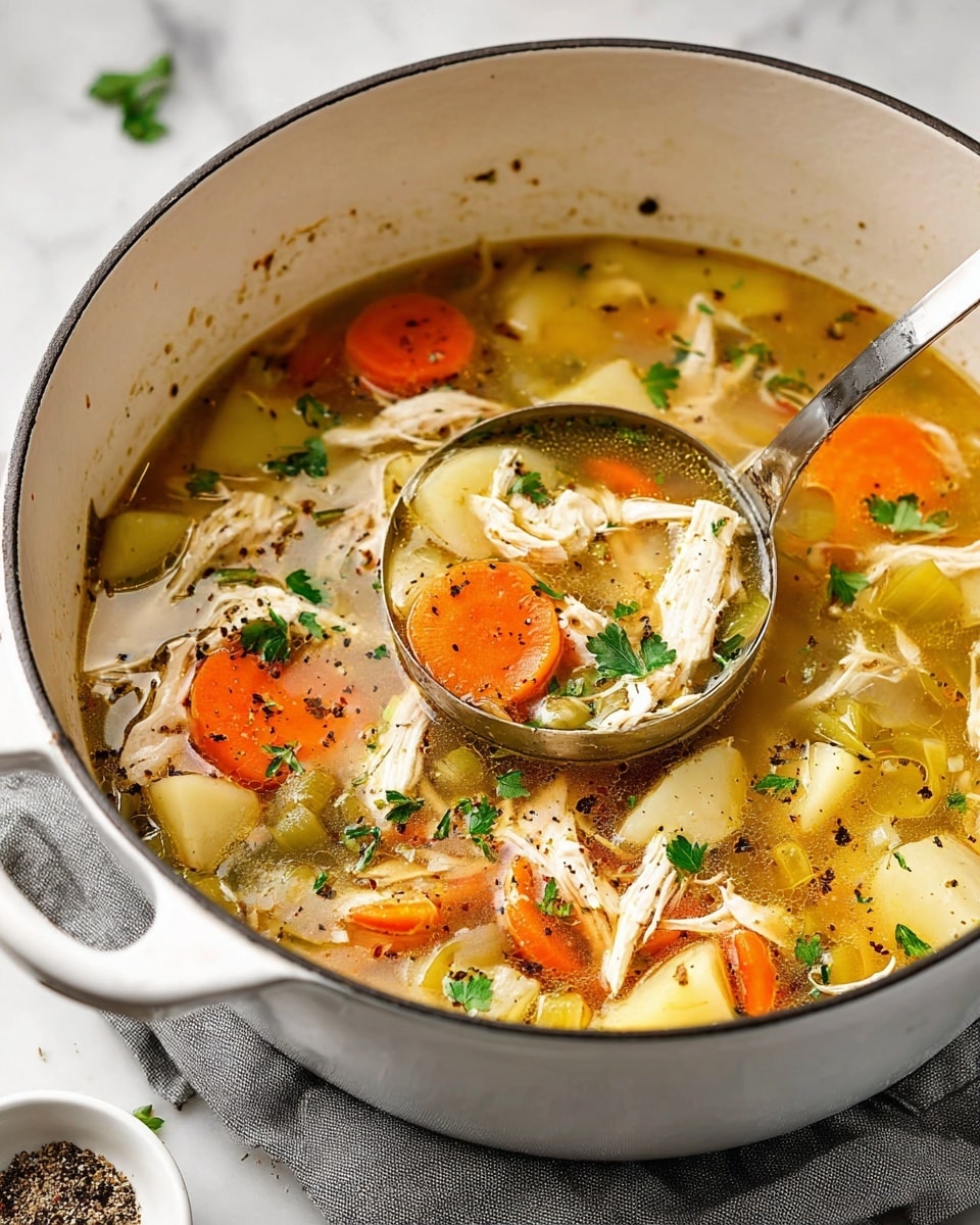 A white pot filled with clear golden broth soup shows visible layers of shredded light beige chicken pieces, thick slices of bright orange carrots, small chunks of pale yellow potatoes, and green celery bits, topped with scattered dark green parsley leaves and a sprinkle of black pepper. A silver ladle inside the pot scoops up a mix of chicken, carrots, potatoes, and celery, all floating in the broth. The pot sits on a white marbled surface with a gray cloth below and a small white bowl of black pepper in the blurred background. Photo taken with an iphone --ar 4:5 --v 7