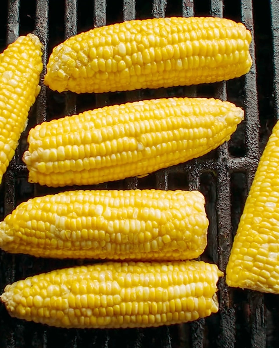 The image shows five yellow corn cobs on a black metal grill. The corn kernels are shiny and plump, arranged in neat rows all around each cob. The grill bars are evenly spaced and run horizontally under the corn. The cobs vary slightly in size, with some placed horizontally and one diagonally on the grill. The background is dark, highlighting the bright yellow color of the corn. photo taken with an iphone --ar 4:5 --v 7