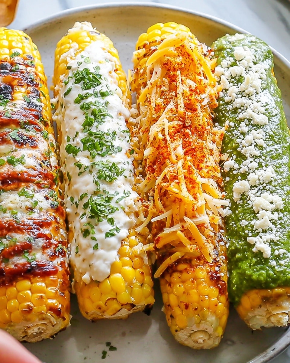 The image shows four grilled corn on the cob placed closely side by side on a white plate, all set on a white marbled surface. The first corn is golden yellow with light grill marks and no toppings. The second corn has a creamy white sauce spread evenly over the top, sprinkled with green chopped herbs and a bit of light red spice powder. The third corn is coated with a reddish-brown sauce topped generously with shredded orange-yellow cheese scattered all over. The fourth corn has a thick green sauce spread on top and is sprinkled with white crumbly cheese, while a woman's hand is sprinkling more cheese on it. The colors and textures of each corn create a bright and appetizing look photo taken with an iphone --ar 4:5 --v 7