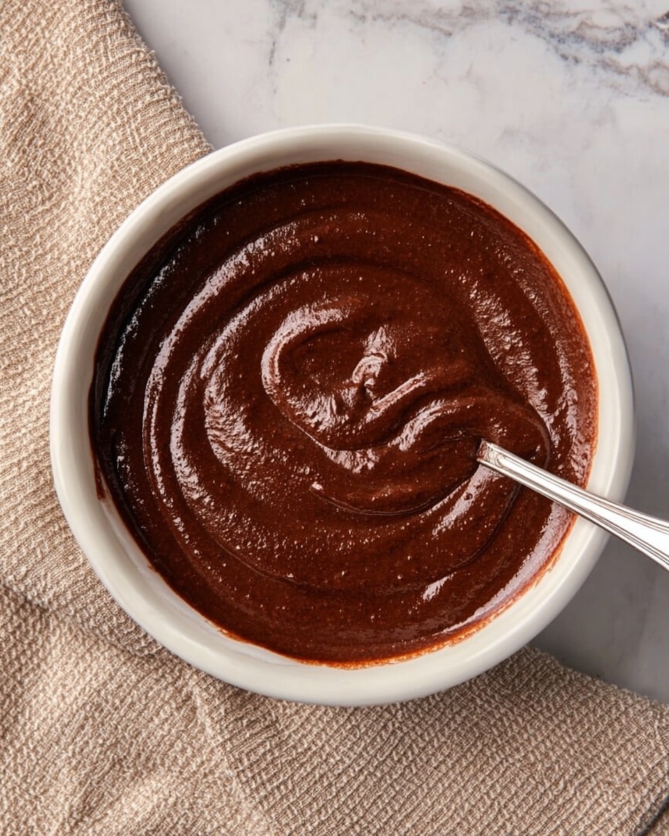 A round white bowl filled with one smooth, thick, dark brown chocolate batter spread evenly inside, showing swirls and glossy texture on the surface. A silver spoon is partially dipped in the batter from the right side. The bowl is placed on a white marbled surface with a beige textured cloth underneath on the right side. photo taken with an iphone --ar 4:5 --v 7