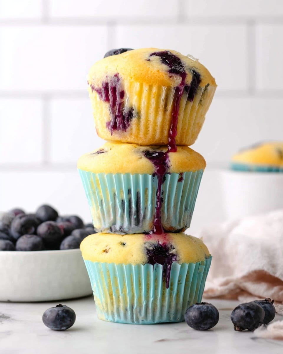 The image shows two blueberry muffins stacked on top of each other with light golden tops that are slightly cracked, and each muffin is in a light blue paper wrapper showing dark blueberries baked into the batter. One muffin has a drop of purple blueberry juice running down the side. Around the muffins, there are fresh blueberries scattered on a white marbled surface. In the background, there is a white bowl filled with blueberries on a wooden board next to a white cloth with another blueberry muffin partially visible. Photo taken with an iphone --ar 4:5 --v 7