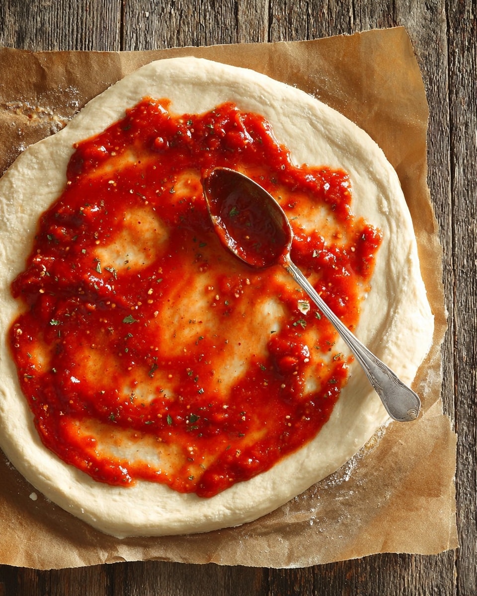 A round pizza dough base with a light beige color and soft texture sits on parchment paper over a rustic wooden surface, covered with a thin layer of bright red tomato sauce that has visible herbs and small tomato chunks spread unevenly across the surface; a silver spoon with some sauce on it rests near the center of the dough, showing the sauce being spread. photo taken with an iphone --ar 4:5 --v 7