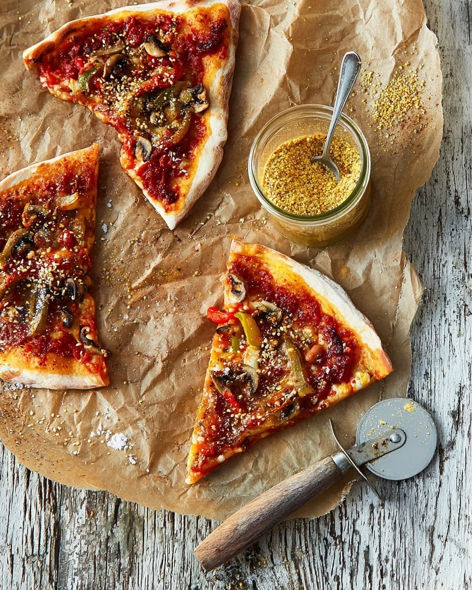 Three slices of pizza with a thin crust and slightly browned edges lie on crumpled brown parchment paper on a weathered wooden surface. Each slice has a red tomato sauce base topped with melted cheese, small scattered pieces of mushrooms, and what appears to be vegetables like green peppers and red bell peppers with a sprinkling of yellowish seasoning or grated cheese on top. A glass jar filled with a yellowish powder and a silver spoon inside sits near one pizza slice. A metal grater and a pizza cutter with a wooden handle rest on the lower part of the image near the pizza slices. The background is a white marbled texture photo taken with an iphone --ar 4:5 --v 7