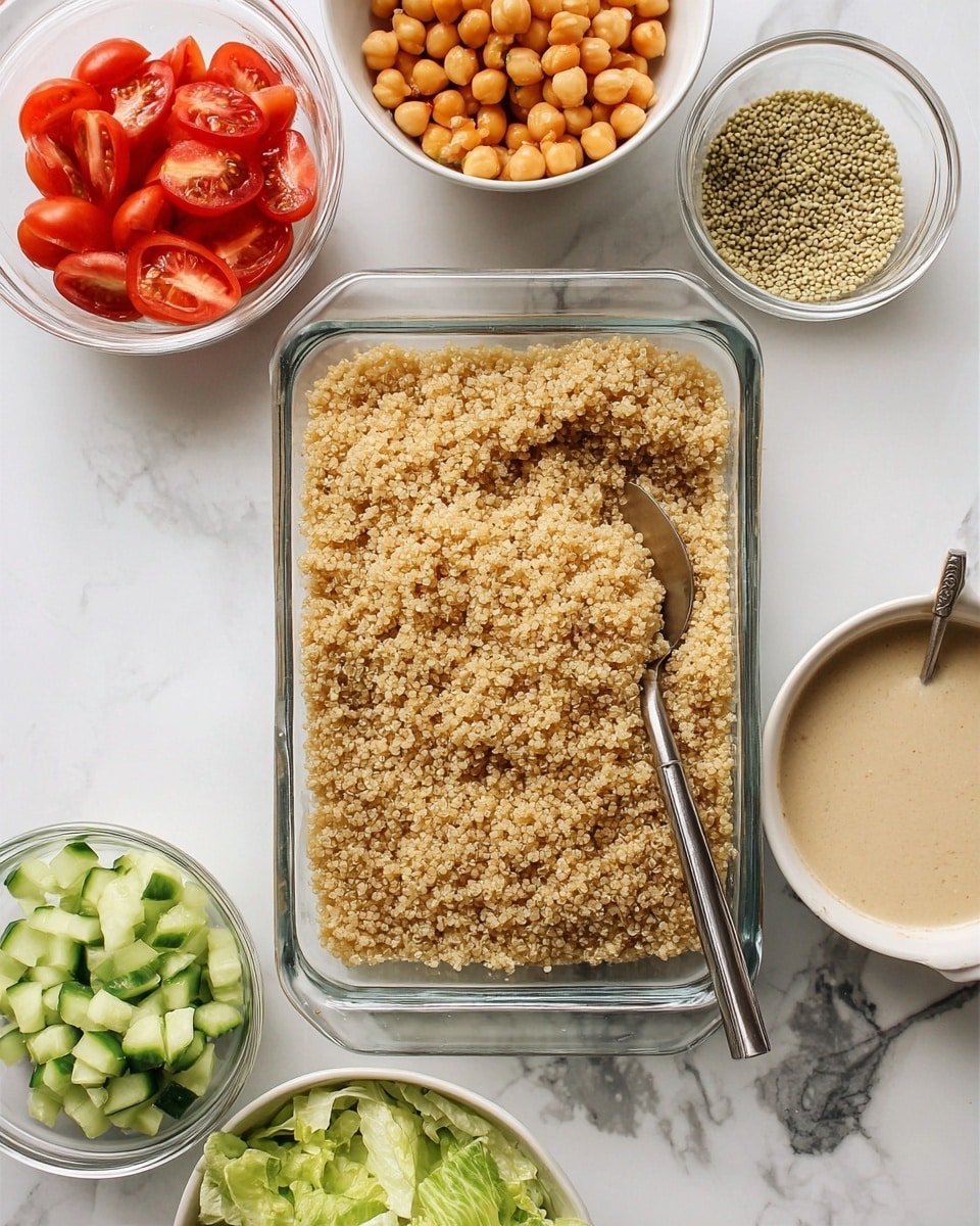 A clear rectangular glass dish filled with a single thick layer of light brown cooked quinoa, with a silver spoon resting inside on the right side. Surrounding the dish are five small white bowls and glass cups: at the top left a bowl of halved red grape tomatoes, below it a bowl of light green chopped cucumbers, to the right of the cucumber an orange-brown bowl filled with small light green hemp seeds, to the right of the quinoa dish a glass cup of light tan chickpeas, below that a glass cup of chopped bright green lettuce, and above the lettuce a glass cup of creamy off-white dressing with a silver spoon inside. All are placed on a white marbled surface. Photo taken with an iphone --ar 4:5 --v 7