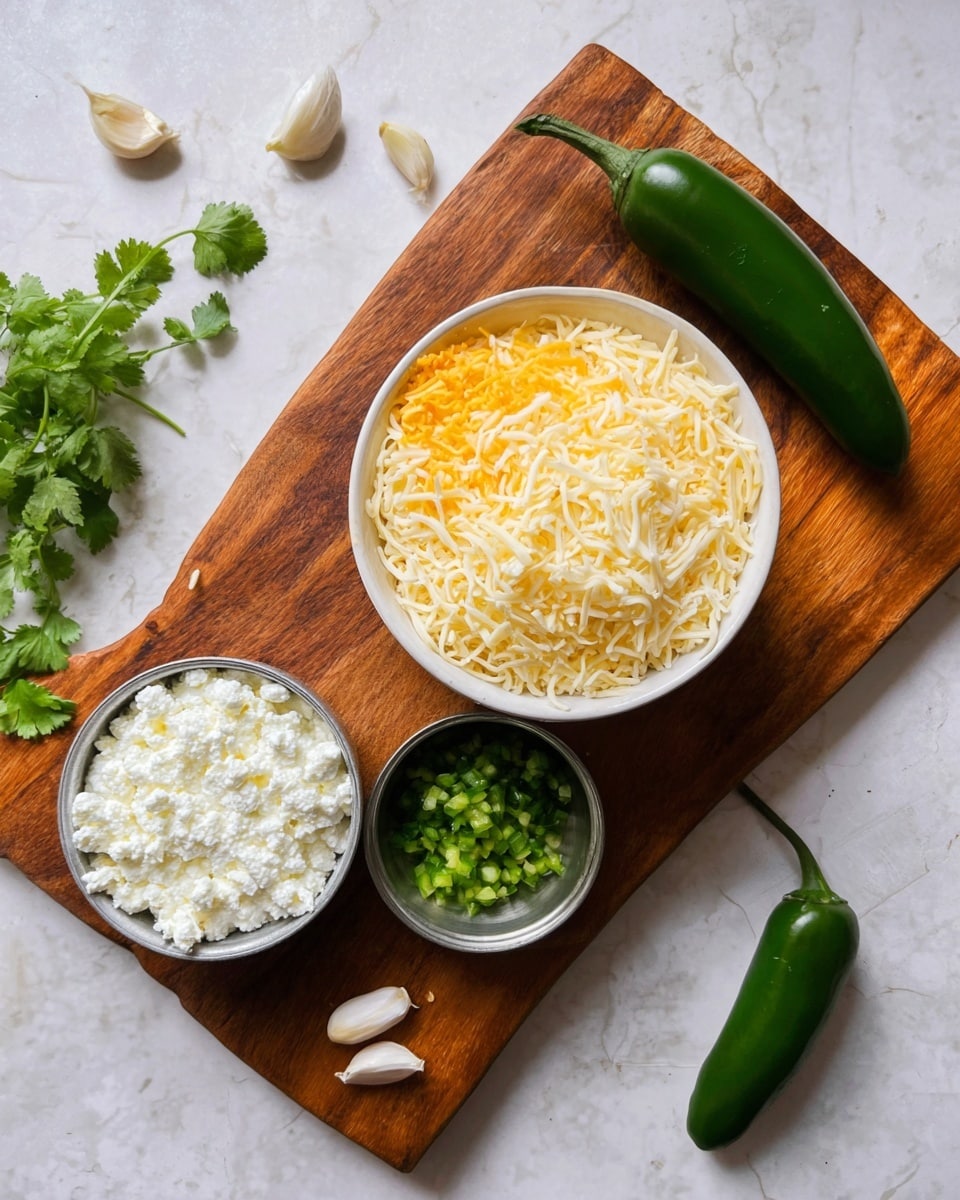 The image shows a white bowl full of shredded cheese, yellow and white mix, placed on a wooden cutting board. Next to it is a small metal bowl with green chopped peppers. Around the board, there are three green jalapeño peppers and two peeled garlic cloves. At the bottom left of the image, there is a white bowl filled with cottage cheese, and some green cilantro leaves are scattered on the white marbled surface. Photo taken with an iphone --ar 4:5 --v 7