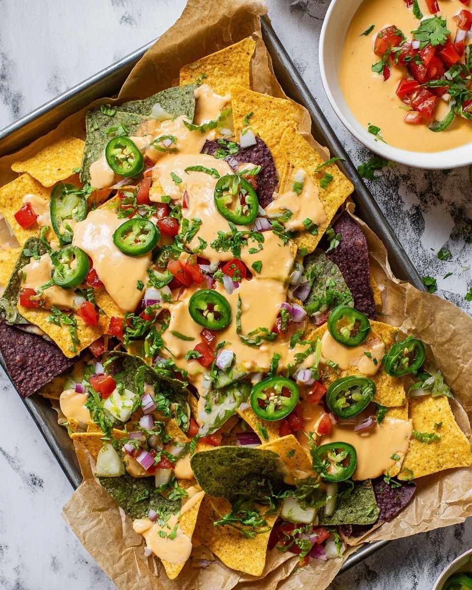 The image shows a metal tray lined with brown crumpled parchment paper holding a pile of multicolored tortilla chips, mainly yellow, green, and some dark red ones. The chips are layered with creamy light orange cheese sauce, evenly drizzled on top. On the chips, there are rounds of green jalapeño peppers, small pieces of bright red and yellow cherry tomatoes, finely chopped purple onions, and scattered fresh green cilantro leaves. In the top right corner, part of a white bowl holds more cheese sauce with a garnish of chopped tomatoes and cilantro. The surface beneath the tray has a white marbled texture. photo taken with an iphone --ar 4:5 --v 7