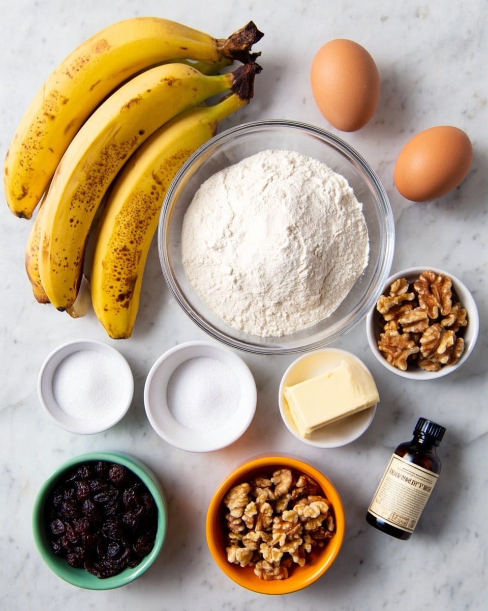 The image shows baking ingredients carefully arranged on a white marbled surface. There are two ripe bananas with dark spots placed close to two brown eggs. A clear glass bowl filled with white flour sits in the center. Around it are small white bowls containing white sugar and small amounts of salt and baking soda. There is a stick of butter with a light yellow wrapper beside the bowls. Above the bananas are two small orange and green bowls; the orange holds chopped walnuts and the green is filled with dark raisins. A small brown bottle labeled vanilla extract is positioned near the bottom right corner. Everything is brightly lit and neatly spaced. photo taken with an iphone --ar 4:5 --v 7