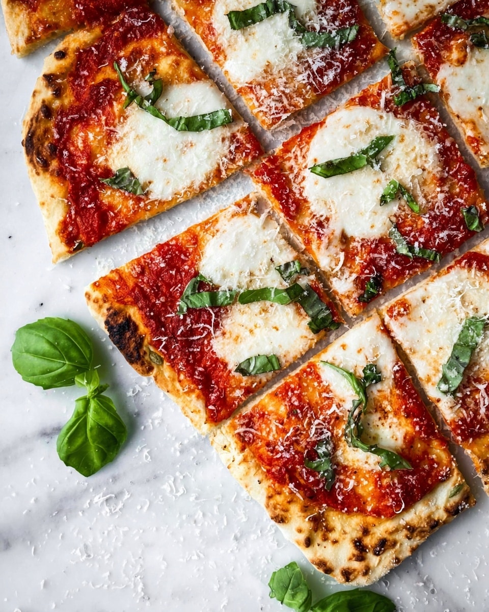 The image shows a sliced square pizza on a white marbled surface, with around nine pieces visible. The pizza has a thin, light golden crust with some charred spots. The first layer is bright red tomato sauce spread unevenly, topped with fresh green basil leaves scattered across. Large white melted cheese slices sit on top of the sauce, covering most of each slice. A sprinkle of fine grated cheese is spread over the whole pizza and surface. Fresh green basil leaves are placed beside the pizza as decoration. Photo taken with an iphone --ar 4:5 --v 7