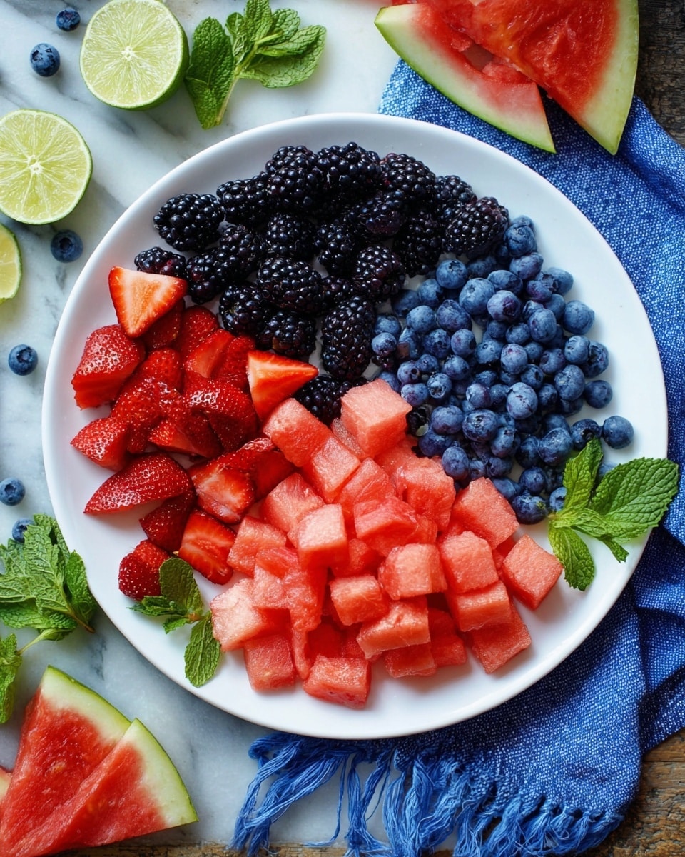 A white plate on a white marbled surface holds five sections of fresh fruit arranged in neat rows: blackberries in dark purple with bumpy texture at the top left, bright red sliced strawberries next to them, a cluster of small round blueberries in deep blue beneath the strawberries, and pinkish-red watermelon cubes with a soft texture at the bottom right. A small sprig of green mint leaves sits near the strawberries on the right side of the plate. Around the plate are additional fruit pieces including watermelon slices, lime wedges, and fresh mint leaves on a blue cloth with a fringed edge. Photo taken with an iphone --ar 4:5 --v 7