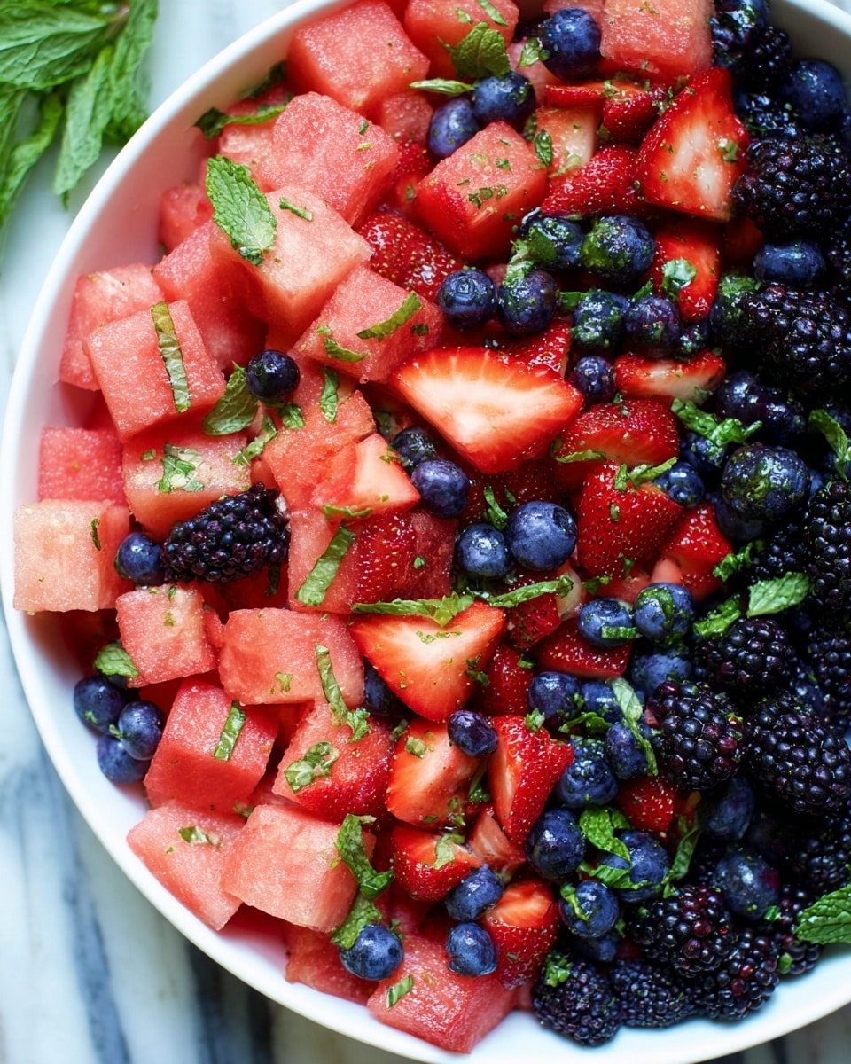A white plate holds a colorful fruit salad with three visible layers of fresh fruit: red watermelon cubes with a juicy texture form the main base layer, mixed with bright red strawberry slices layered on top, and scattered dark blue blueberries and blackberries adding rich texture and contrast throughout. Small mint leaves with their green, jagged edges are sprinkled evenly on top, giving the dish a fresh look. The plate sits on a wooden cutting board that also holds lime wedges, a partial watermelon slice with its dark green rind and deep red flesh, a bunch of fresh mint leaves, and a small glass bowl filled with green dressing or sauce next to a blue cloth napkin. The scene rests on a white marbled surface. photo taken with an iphone --ar 4:5 --v 7