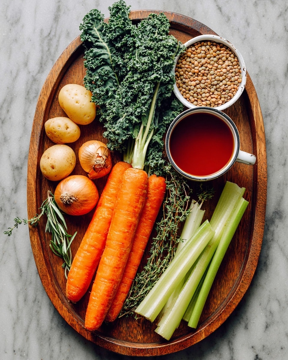 An oval wooden tray holds a rustic arrangement of fresh vegetables and ingredients on a white marbled surface. There are three large bright orange carrots laid diagonally across the tray, topped partially by dark green curly kale leaves. To the left side, small tan potatoes and a cluster of two small onions rest near sprigs of fresh rosemary and thyme. Above the carrots, a small white metal bowl is filled with round, tan lentils. To the right of the tray, several pale green celery stalks with leafy tops are spread out, next to a cup of rich red liquid placed near the middle. The colors and textures range from rough potato skins, smooth carrots, bumpy kale, to grainy lentils, all sitting neatly on the wooden tray. Photo taken with an iphone --ar 4:5 --v 7