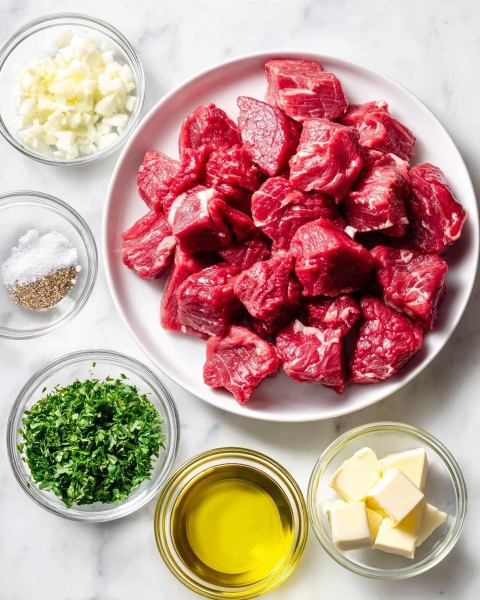 A white plate filled with many pieces of bright red raw meat with some white fat parts, placed at the center right. Around the plate are five small clear glass bowls with different ingredients: at the top right, light yellow solid butter blocks; at the top center, small white chopped garlic; at the top left, a mix of light brown and white salt and pepper; at the bottom left, a bright green chopped herb, likely parsley; at the bottom center-left, golden yellow olive oil. All items are on a white marbled surface. photo taken with an iphone --ar 4:5 --v 7