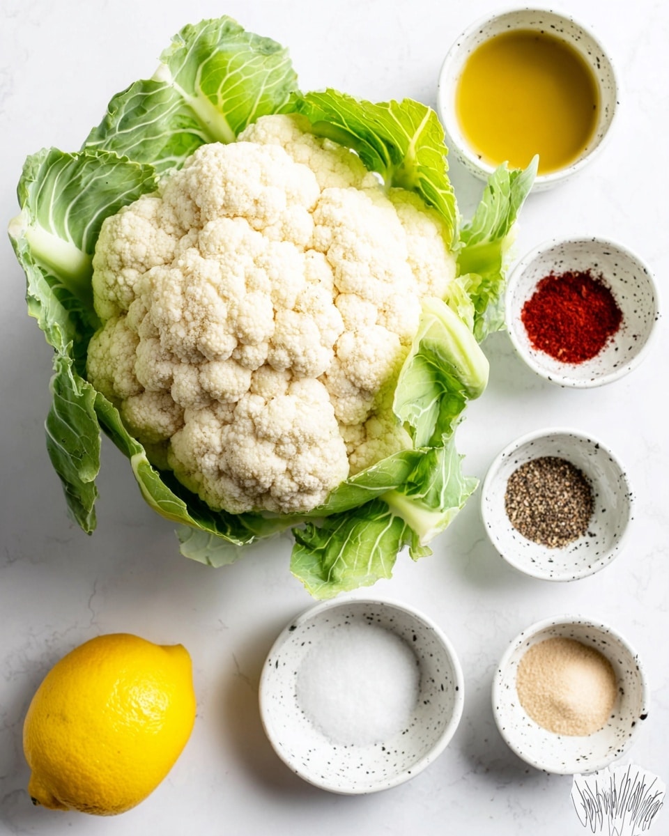 A large fresh cauliflower with green leaves sits in the center on a white marbled surface. Surrounding it in a loose circle are small white bowls with black speckles holding different ingredients: one with red powder, one with white salt, one with black pepper, one with light brown powder, and one with golden liquid. A whole yellow lemon is placed to the left side on the white marbled surface. The overall look is clean, bright, and organized. Photo taken with an iphone --ar 4:5 --v 7