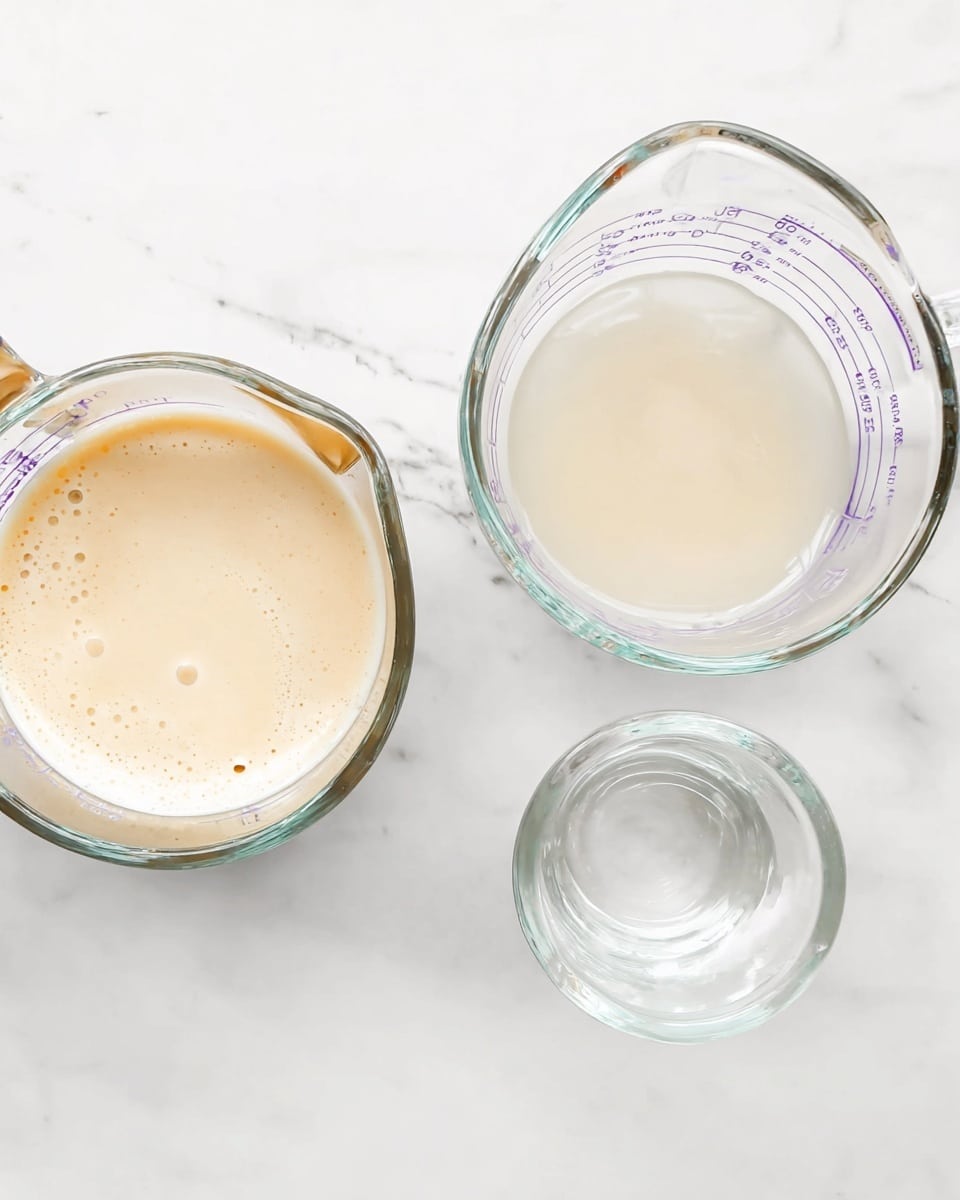 The image shows three glass measuring cups placed side by side on a white marbled surface. The left measuring cup has a light beige, frothy liquid inside, with small bubbles visible on the surface. The middle measuring cup is filled with a smooth, white liquid, and the right cup contains a small amount of clear liquid. A purple and white carton is partially visible in the upper part of the image. The glass cups have red measurement markings on the sides. photo taken with an iphone --ar 4:5 --v 7