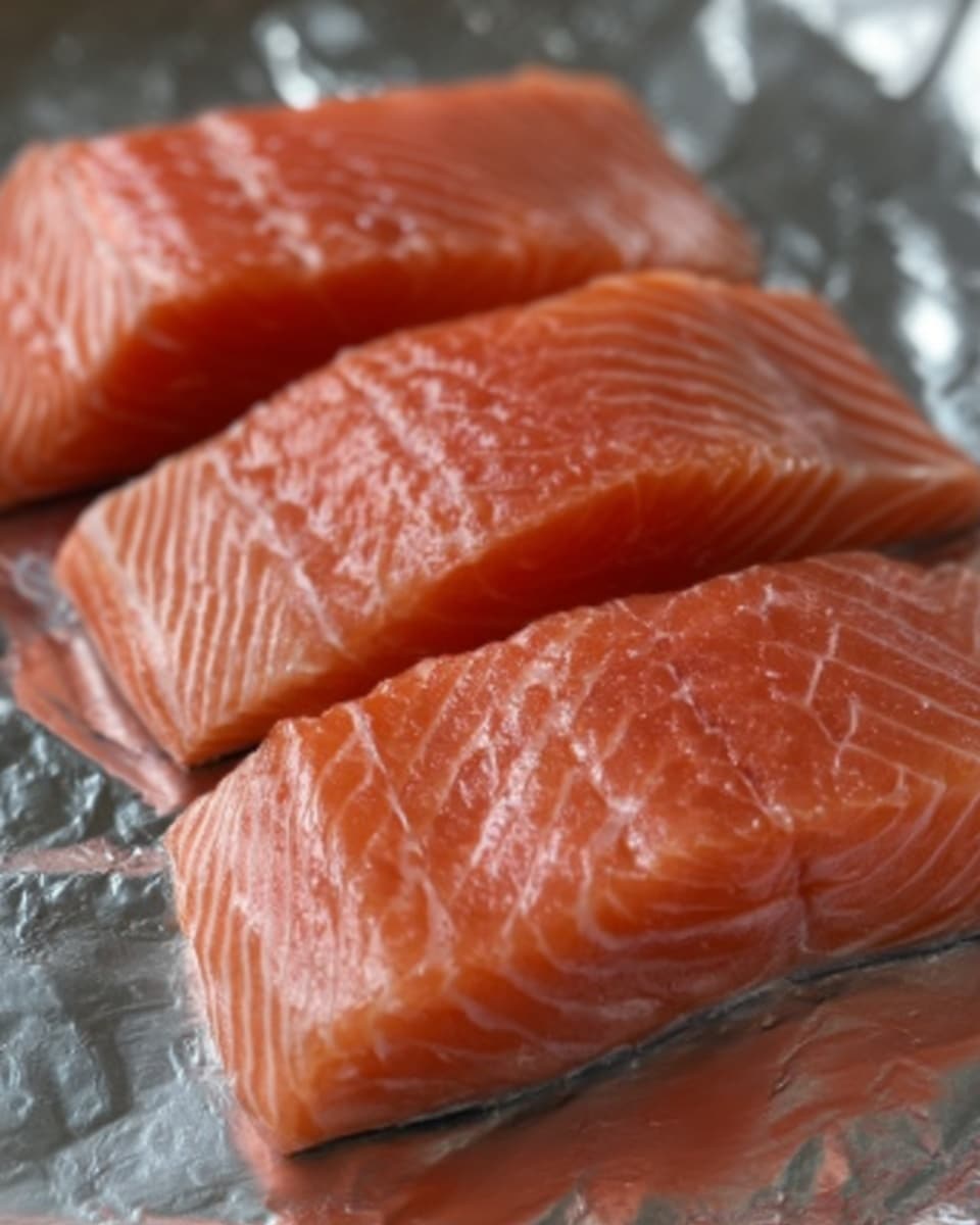 The image shows three thick, raw salmon fillets placed closely together on a shiny metal foil surface with the white marbled background visible. The salmon has a rich pinkish-orange color with smooth, wet texture and clear muscle lines running horizontally on each piece. The top fillet slightly overlaps the middle one, and the middle fillet slightly overlaps the bottom one. Photo taken with an iphone --ar 4:5 --v 7